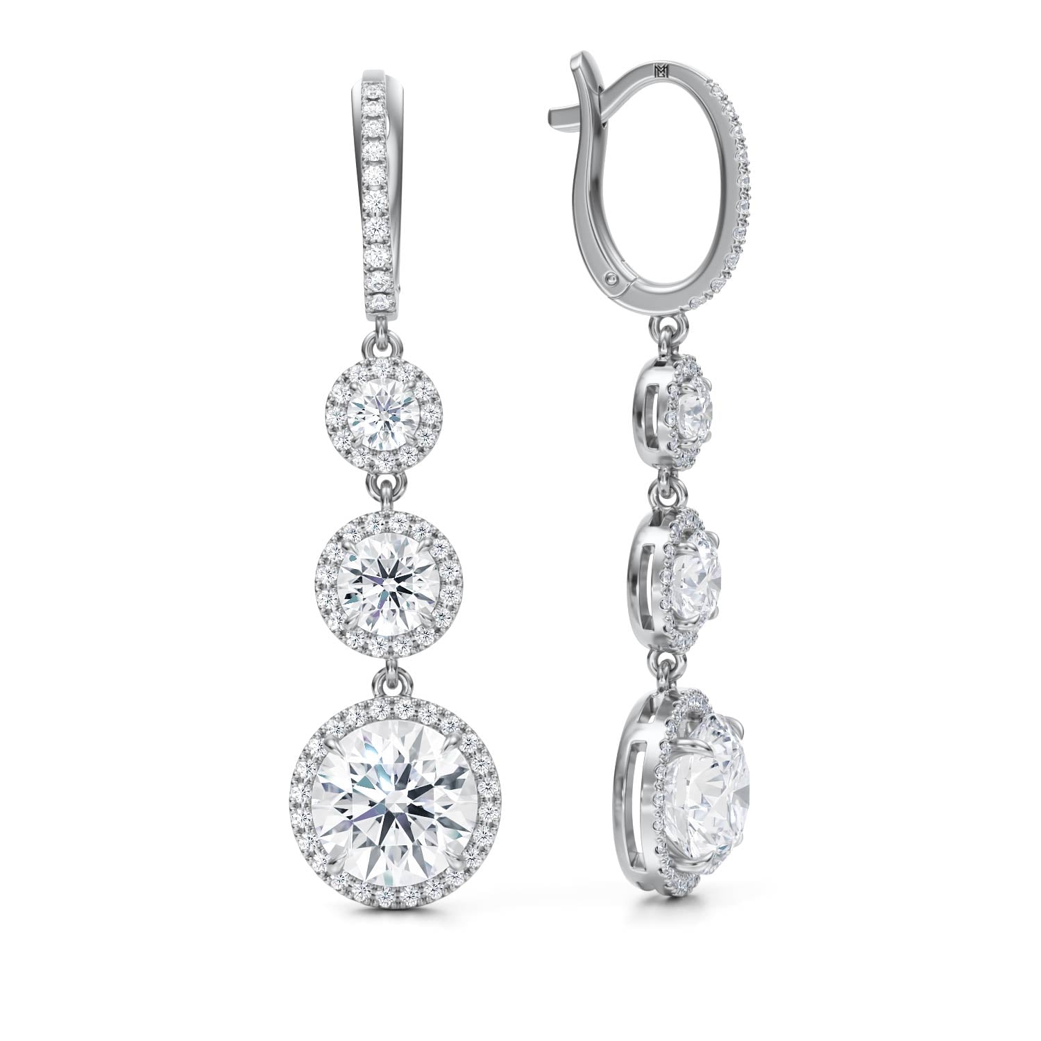 4 Carat Round Three Stone Halo Drop Earrings