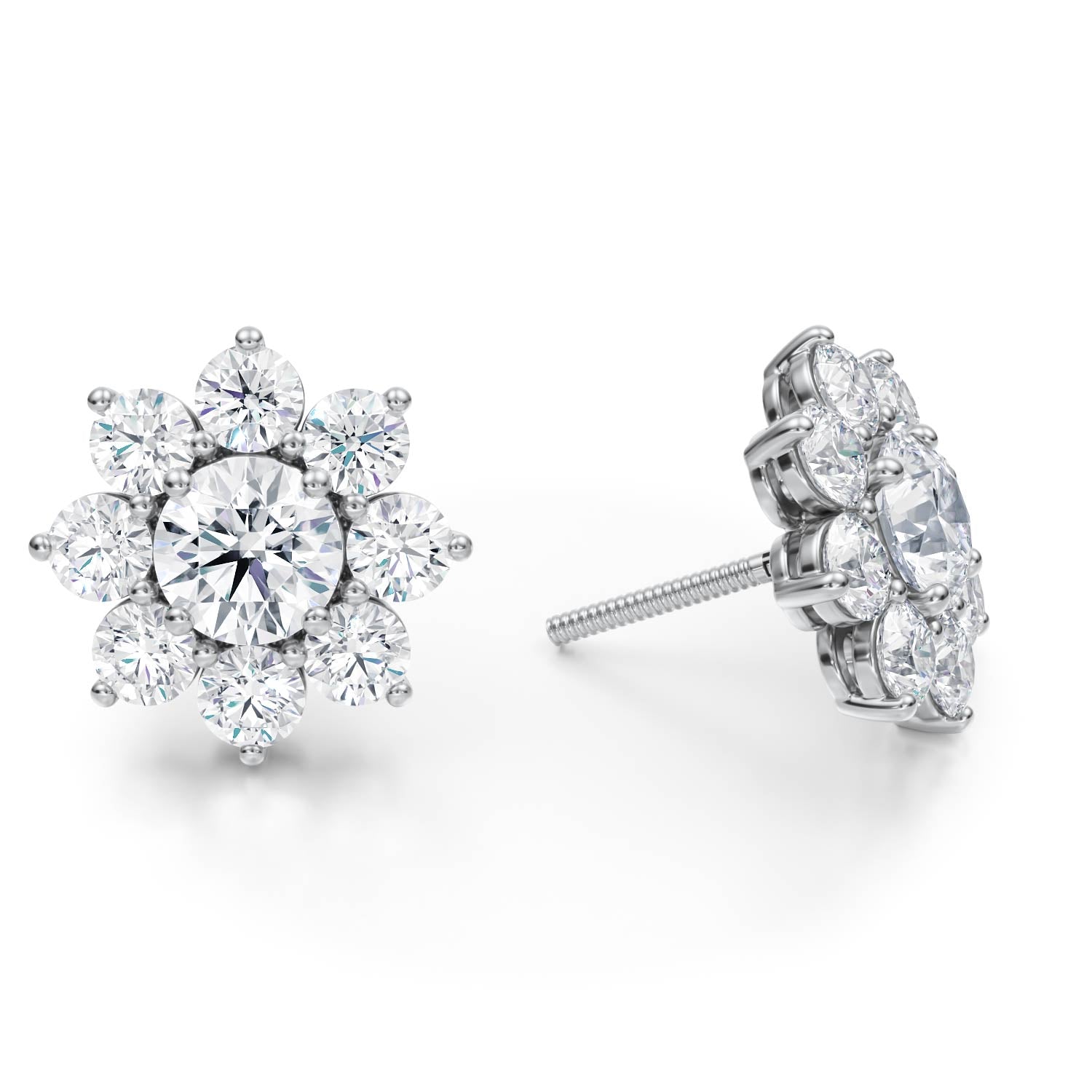 4 Carat Round Flower Cluster Stud Earrings