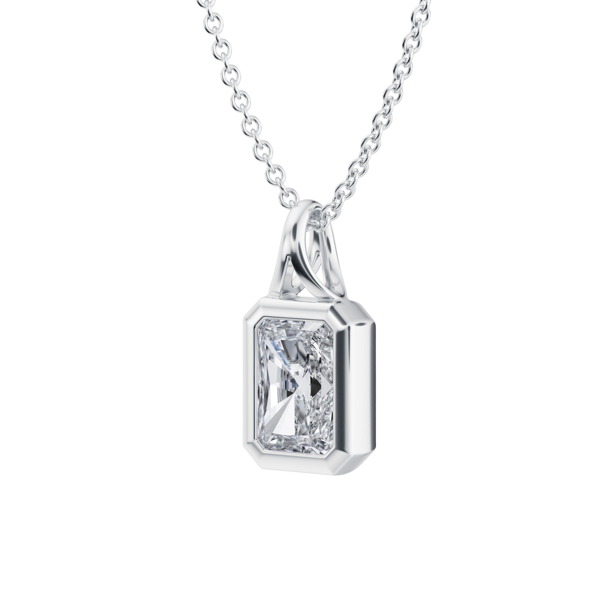 Brilliant 1 Carat Radiant Lab Grown Diamond Necklace with Bezel Setting in White Gold