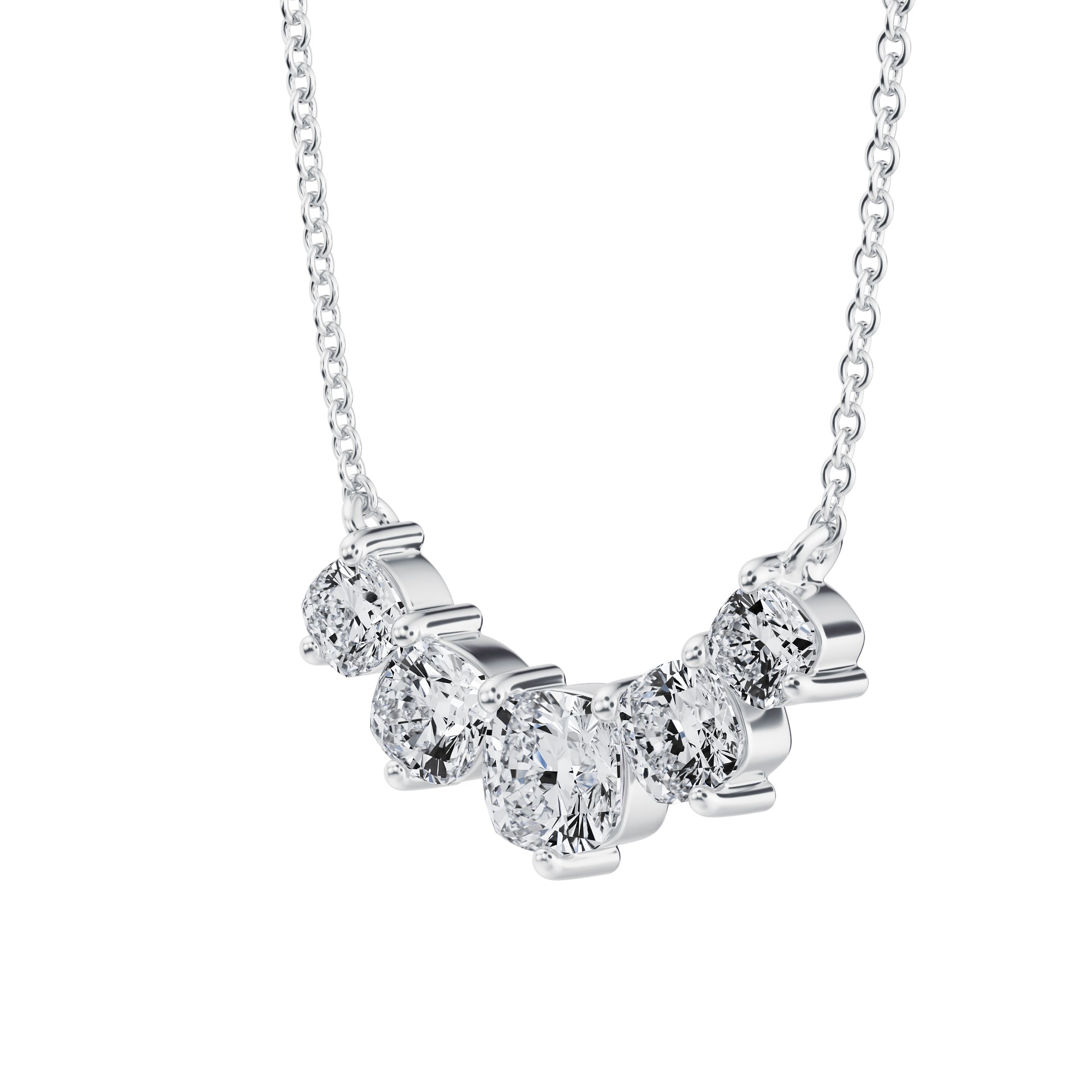 Glamorous 1.5 TCW graduated necklace featuring 
lab grown cushion diamonds in white gold.