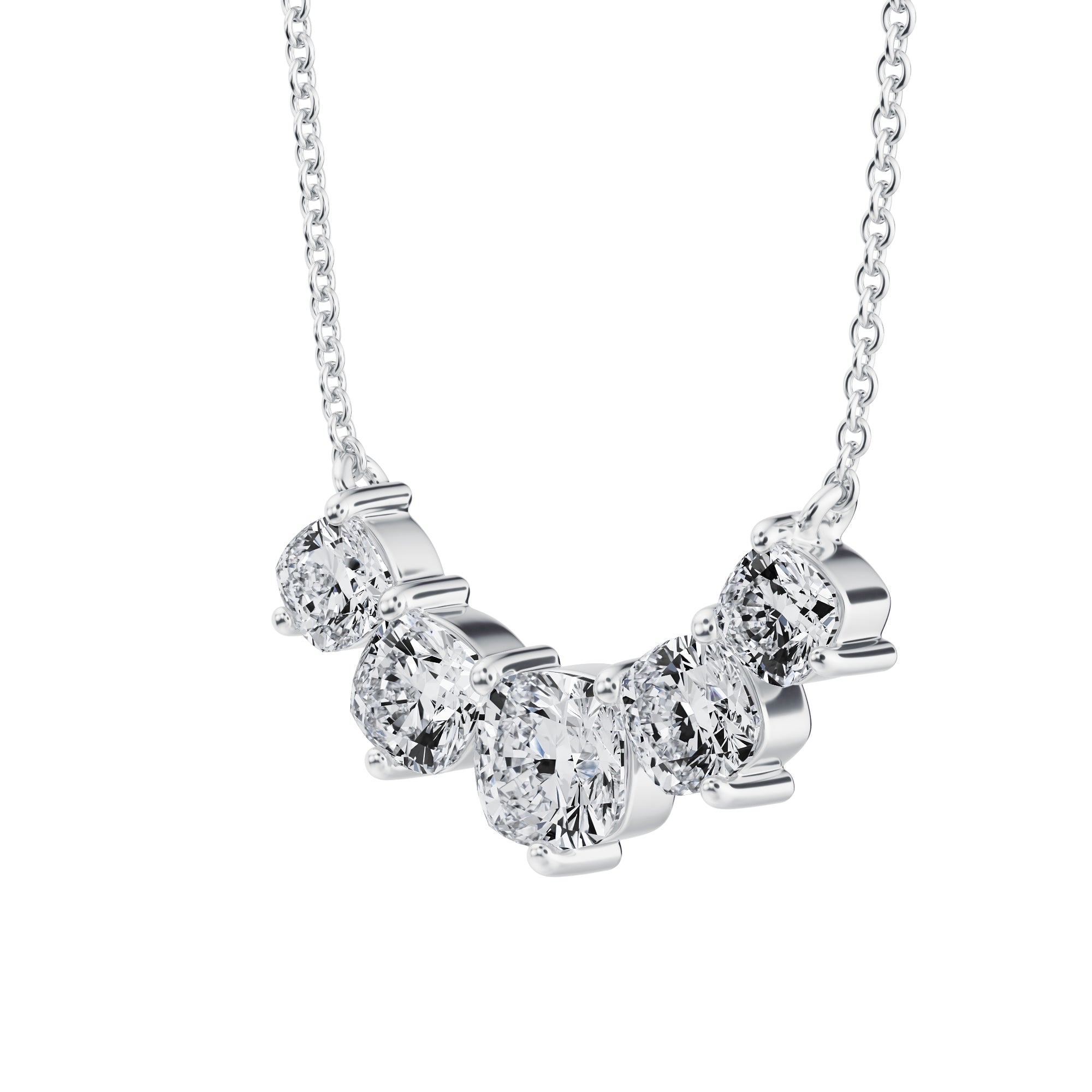 Adorn yourself with a 2 TCW graduated cushion 
lab grown diamond necklace in white gold.