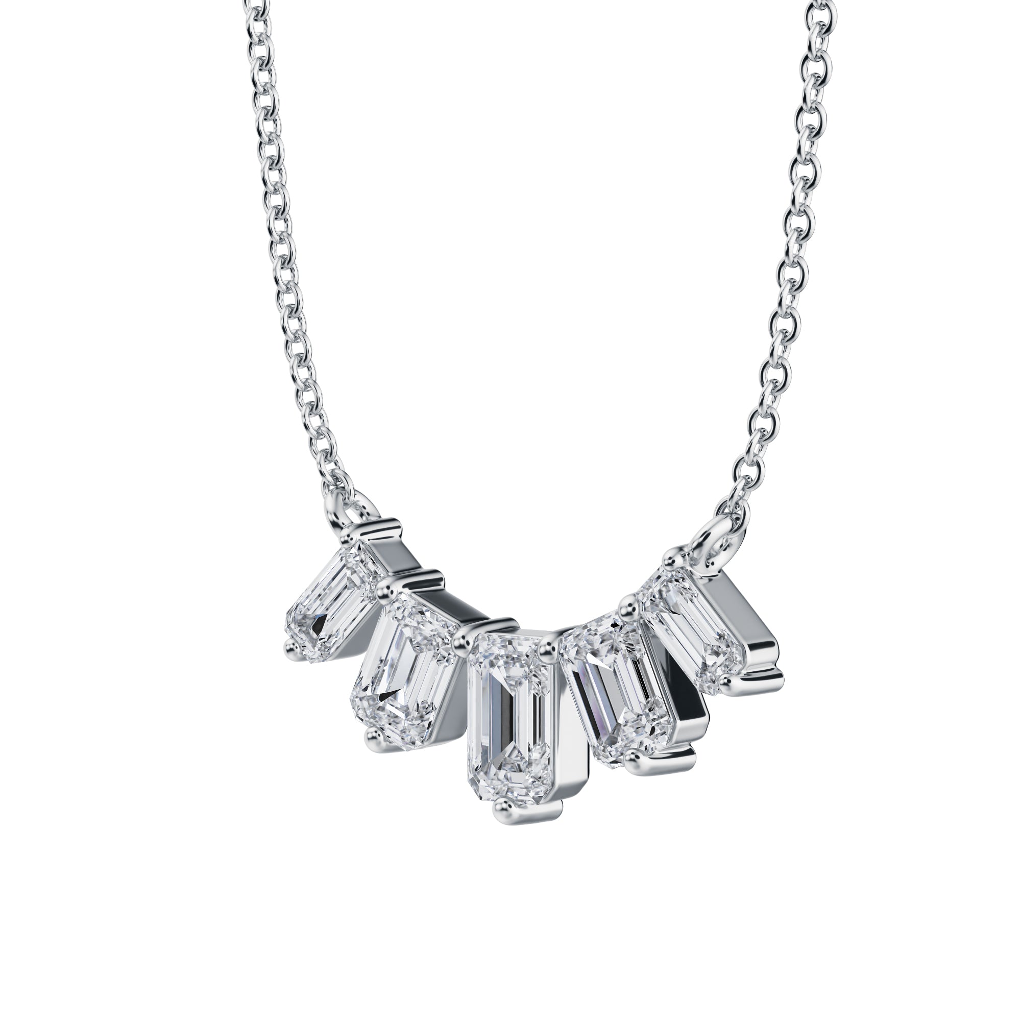 Graceful 1 TCW graduated lab grown 
emerald cut diamond necklace in white gold.