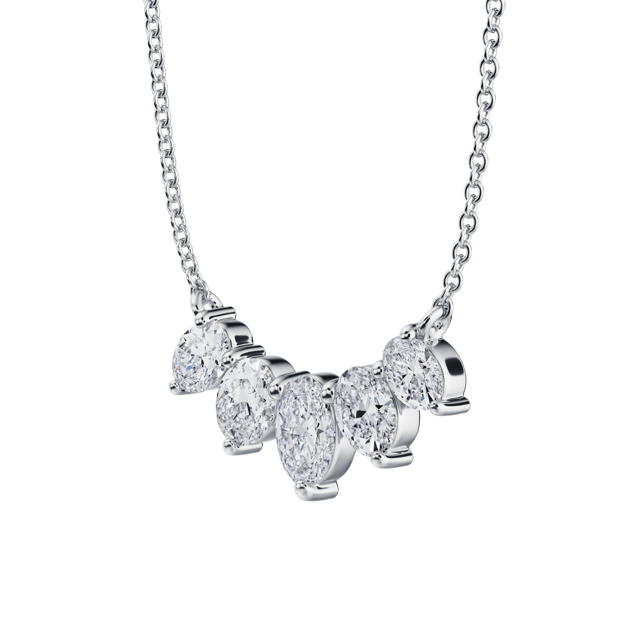 Refined 1 TCW graduated lab grown oval 
cut diamond necklace in white gold.