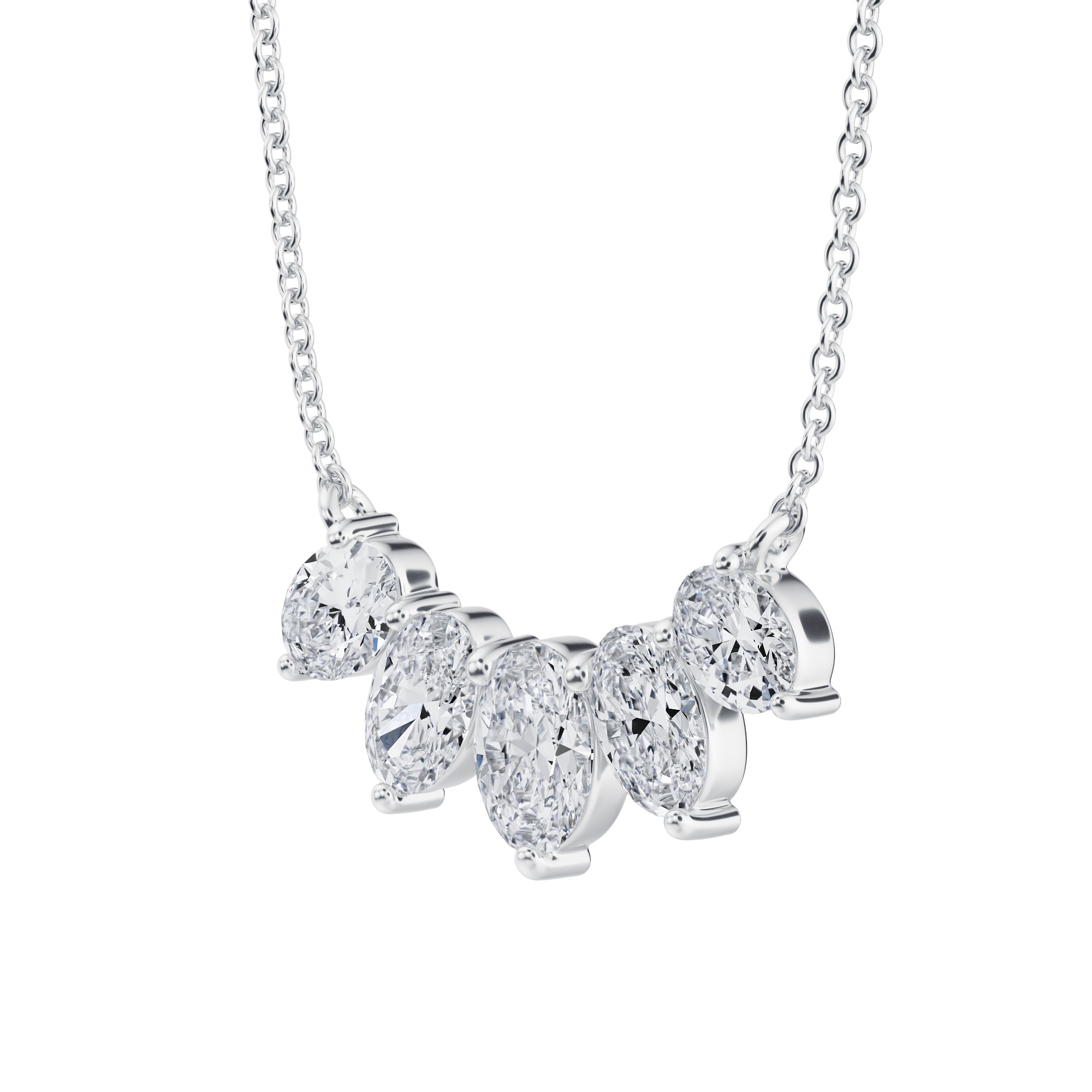 Exquisite 1.5 TCW graduated necklace with lab grown 
oval cut diamonds in white gold.