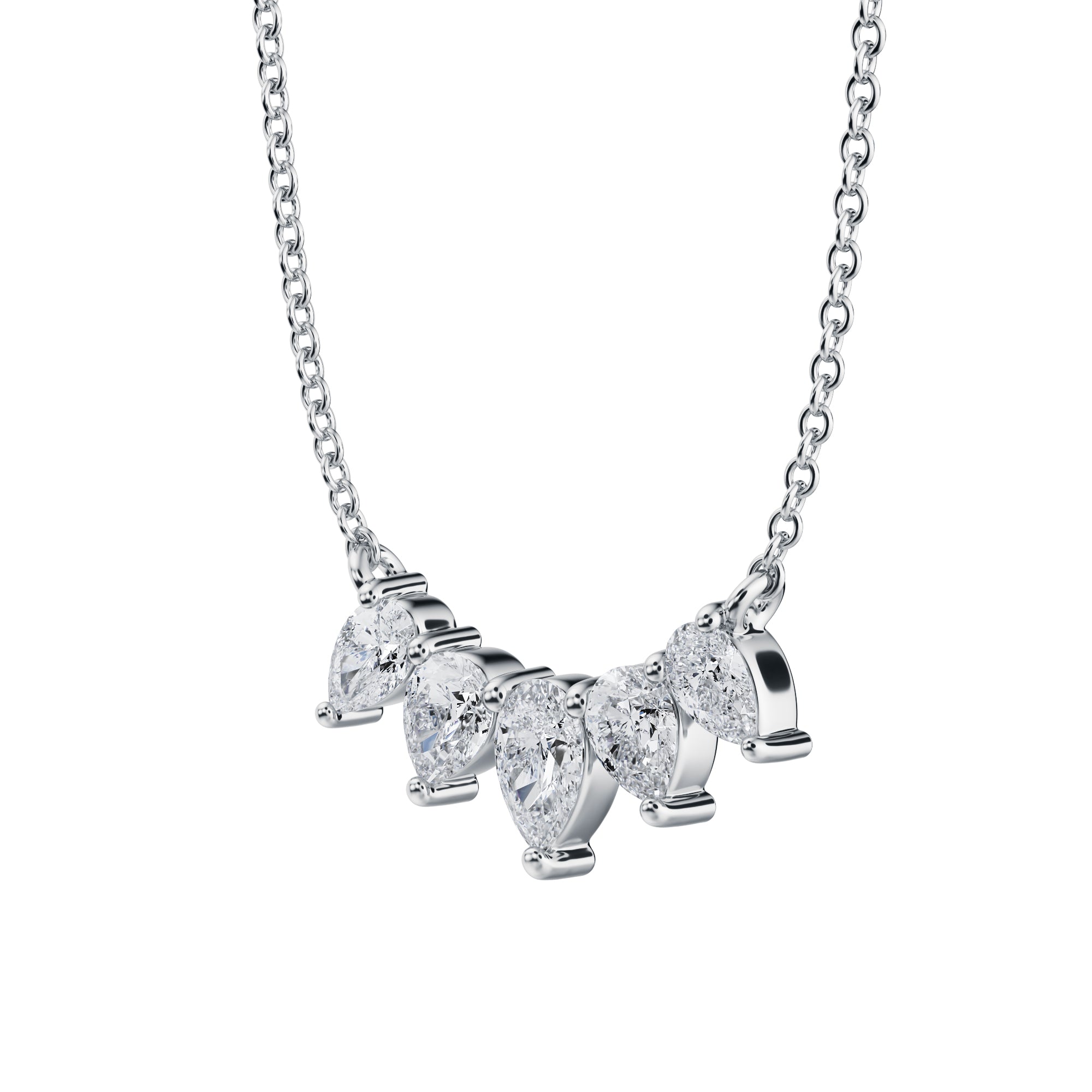 1 TCW graduated lab grown pear 
cut diamond necklace, elegant design in white gold.