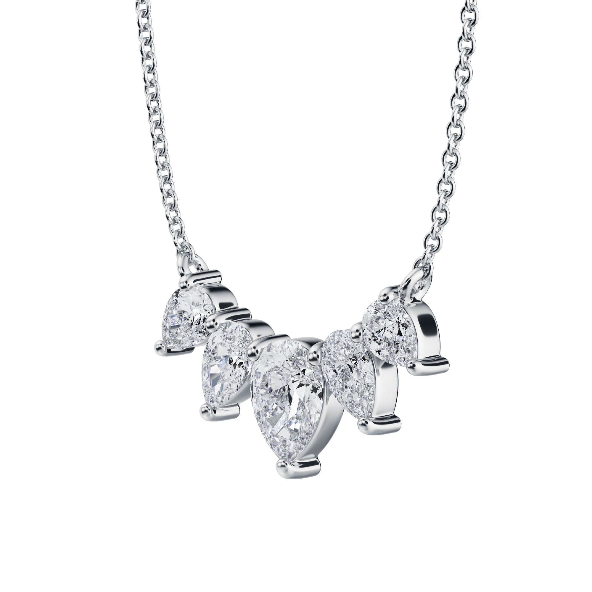 Glamorous 1.5 TCW graduated necklace 
featuring lab grown pear cut diamonds in white gold.