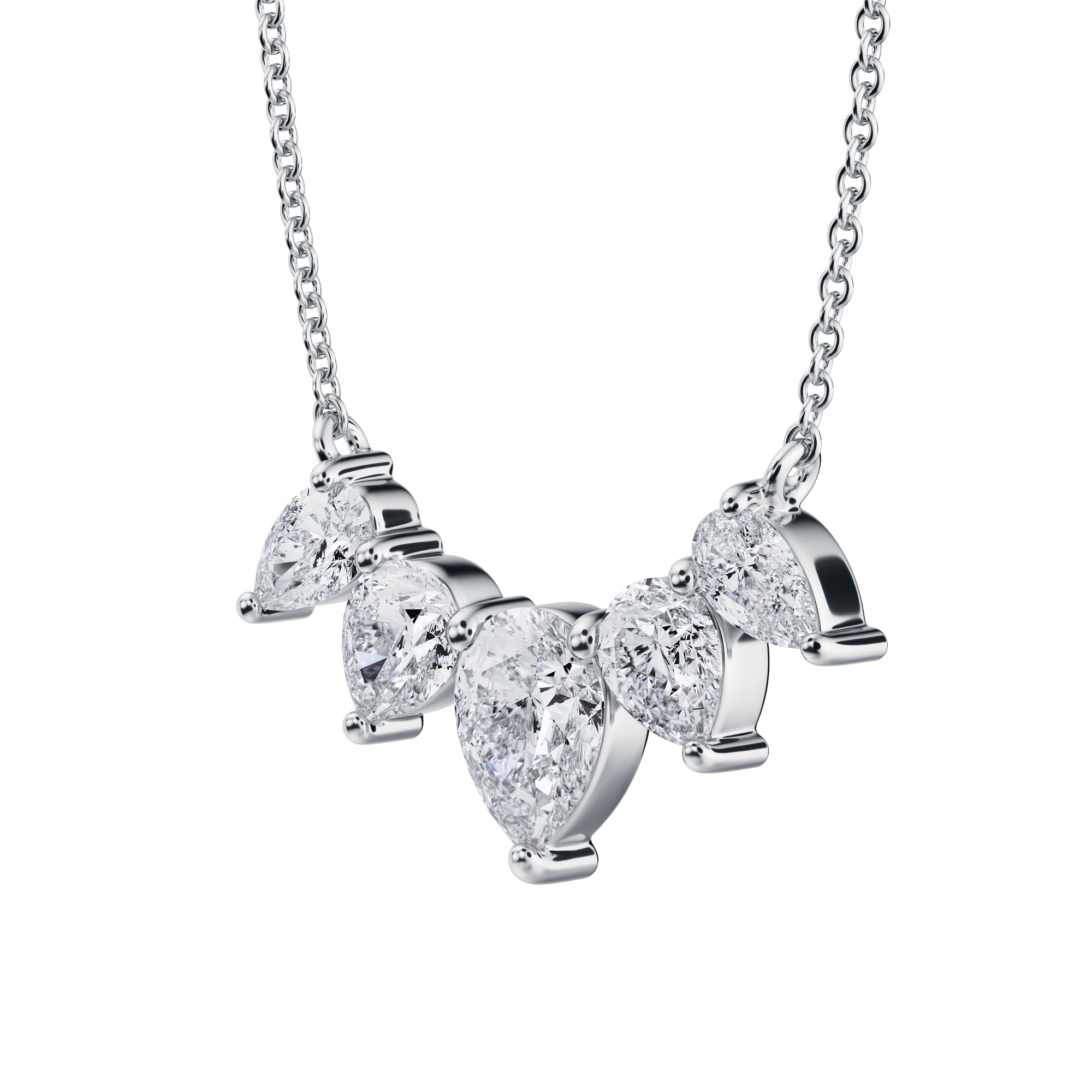 Chic 2 TCW lab grown pear cut 
diamond necklace in white gold, graduated style.