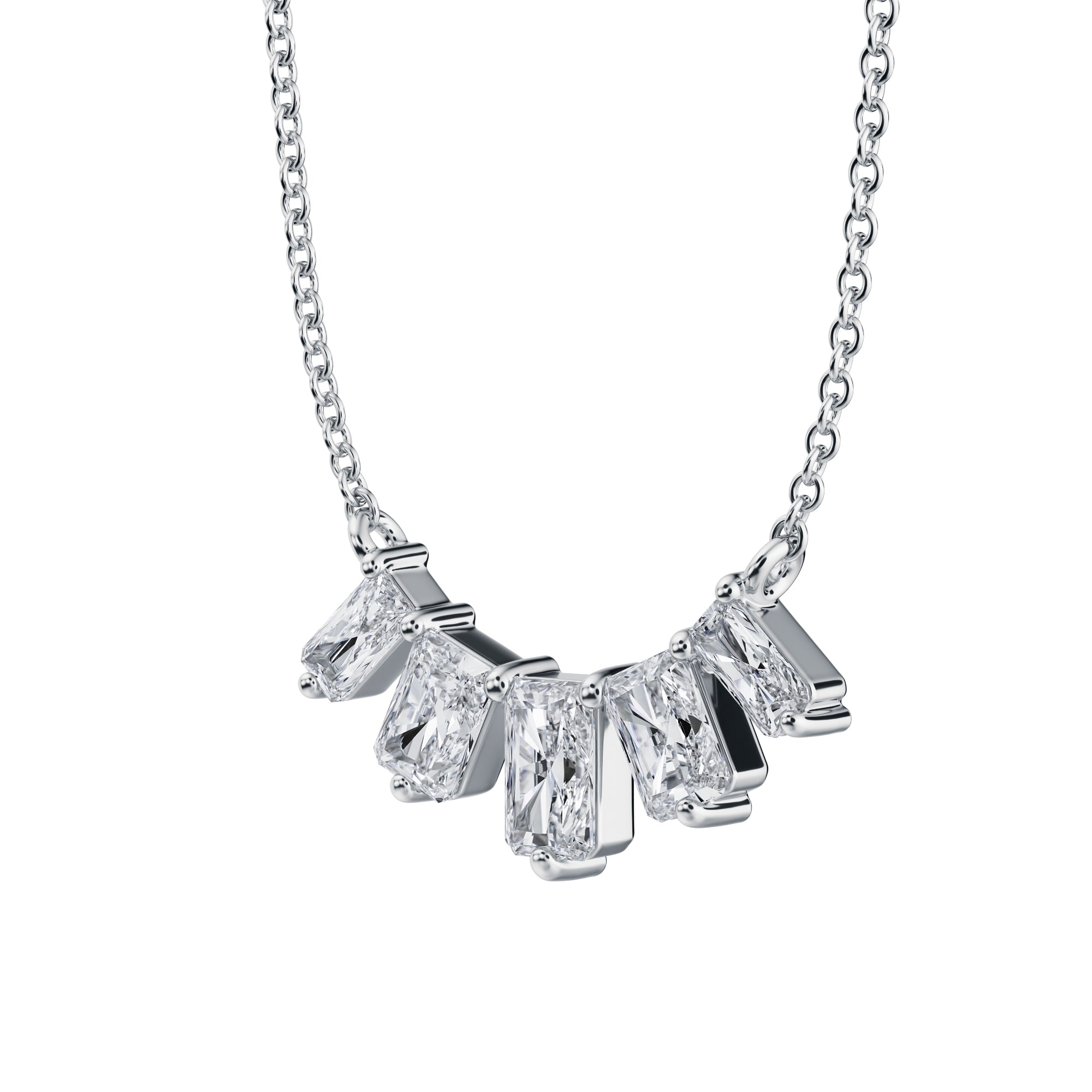 Sophisticated 1 TCW lab grown radiant diamond 
graduated necklace in white gold.