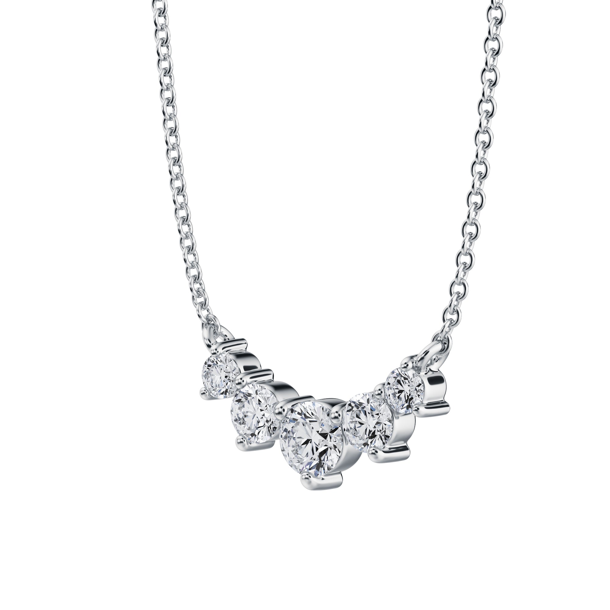 Refined 1/2 TCW lab grown diamond 
necklace with five graduated stones in white gold.