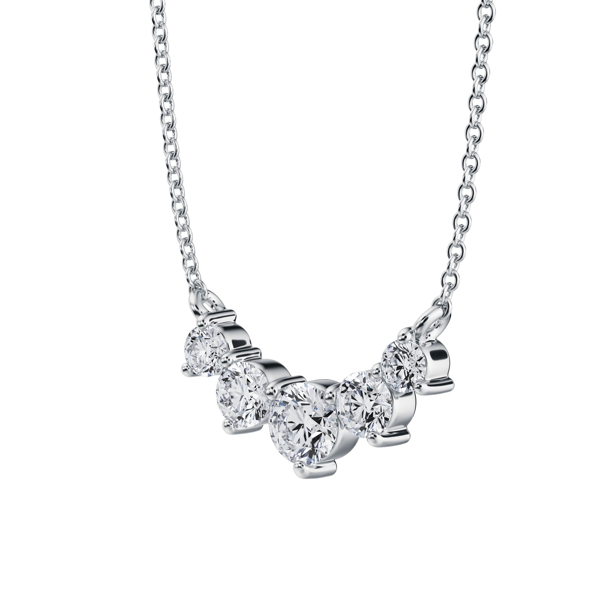 Sleek 3/4 TCW lab grown necklace with five graduated 
diamond in white gold.