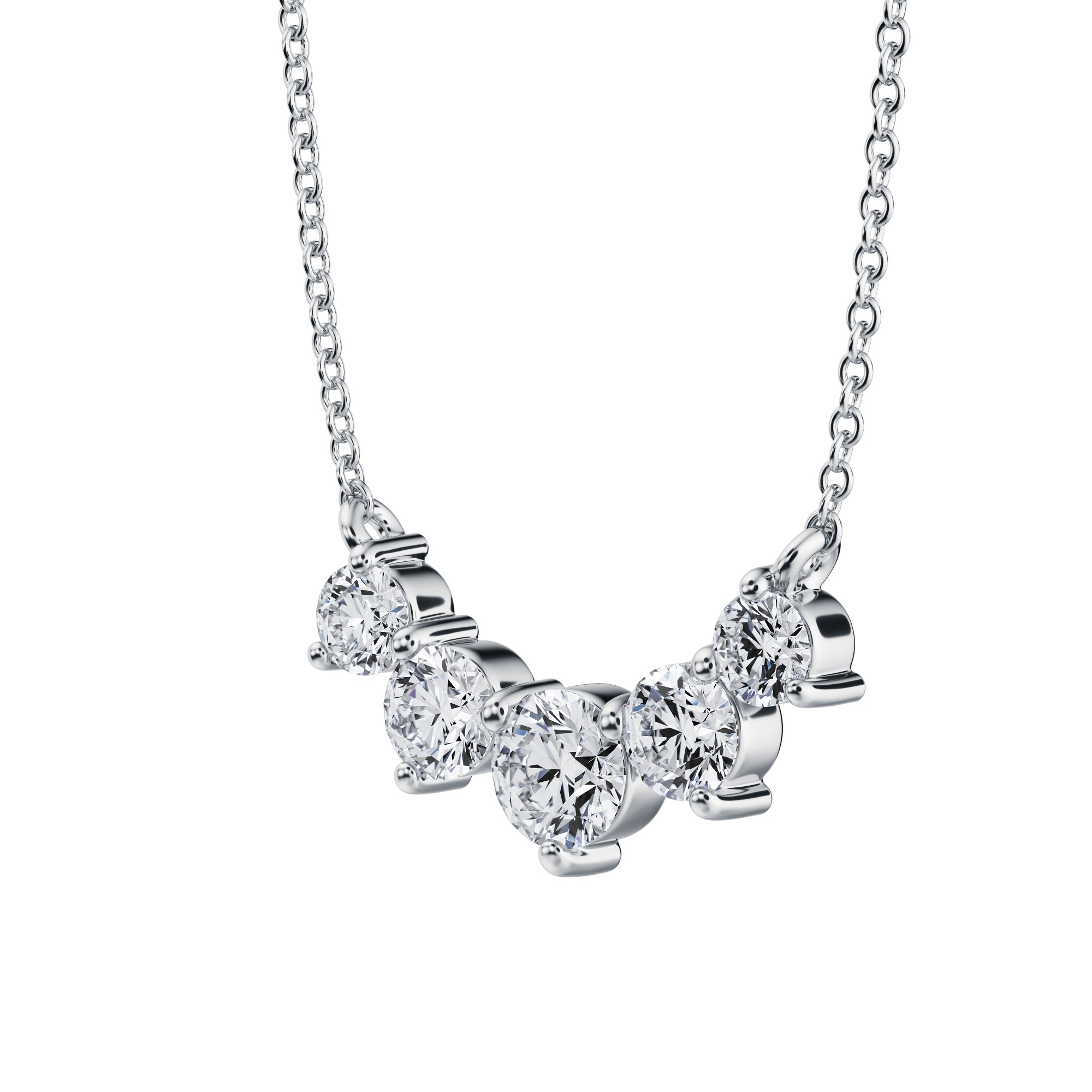 Streamlined 1 TCW lab-created diamond necklace 
with five graduated stones in white gold.