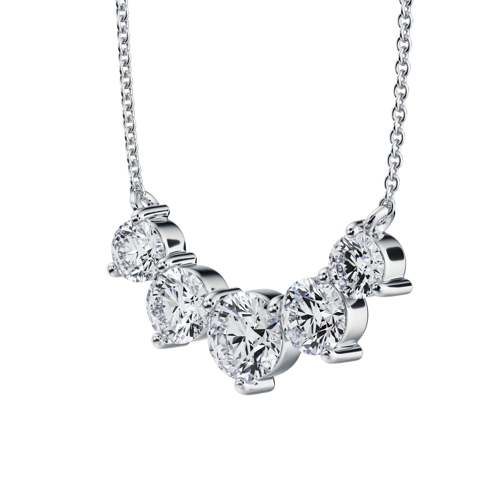 Stylish 2 TCW lab grown diamond necklace with 
graduated design in white gold.