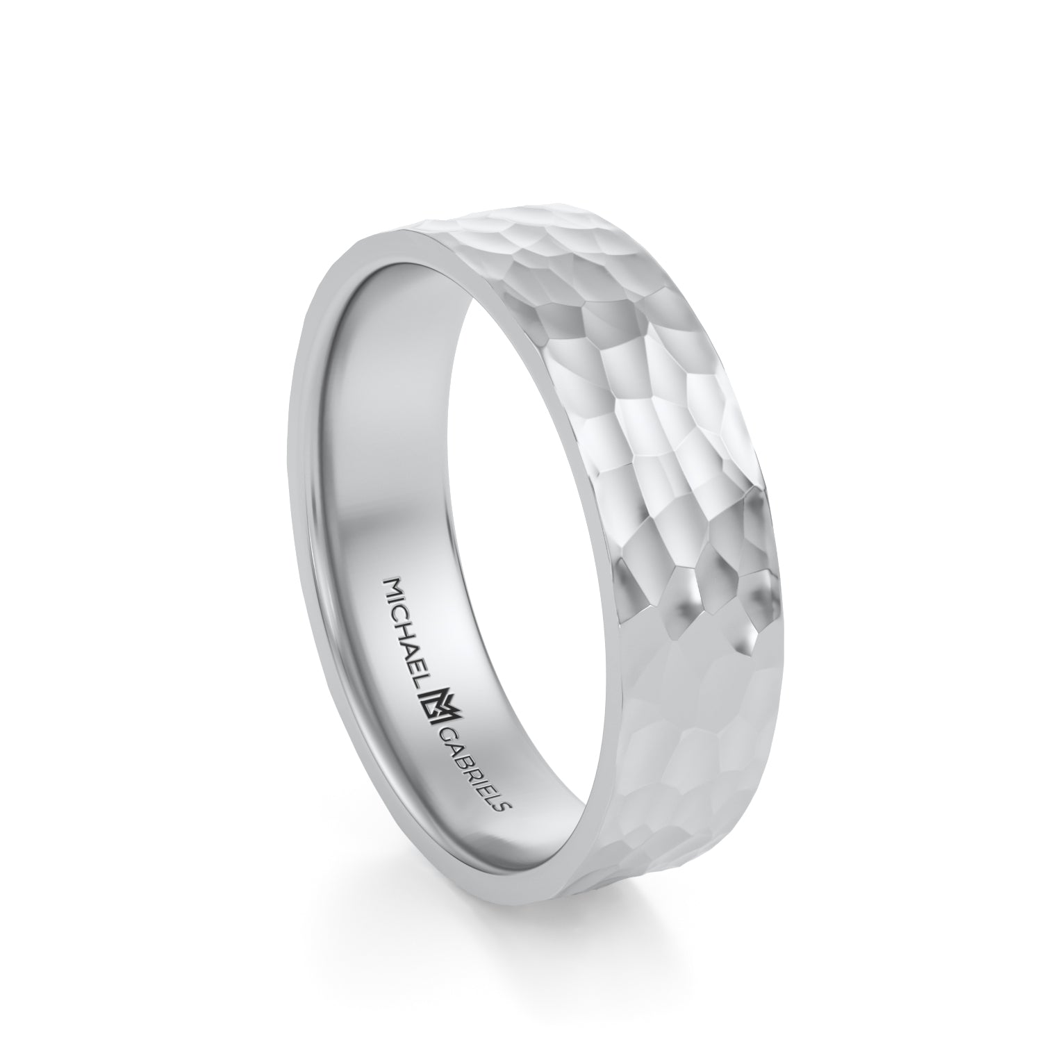 Platinum 5mm Mens Flat Wedding Band - Hammered High Polish