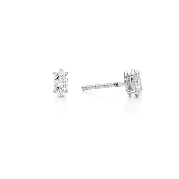Lab-grown diamond stud earrings in white gold, 1/2 carat marquise cut.