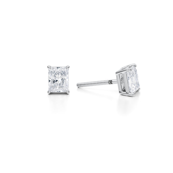 Radiant lab-grown diamond studs in white gold, 1.25 carats.