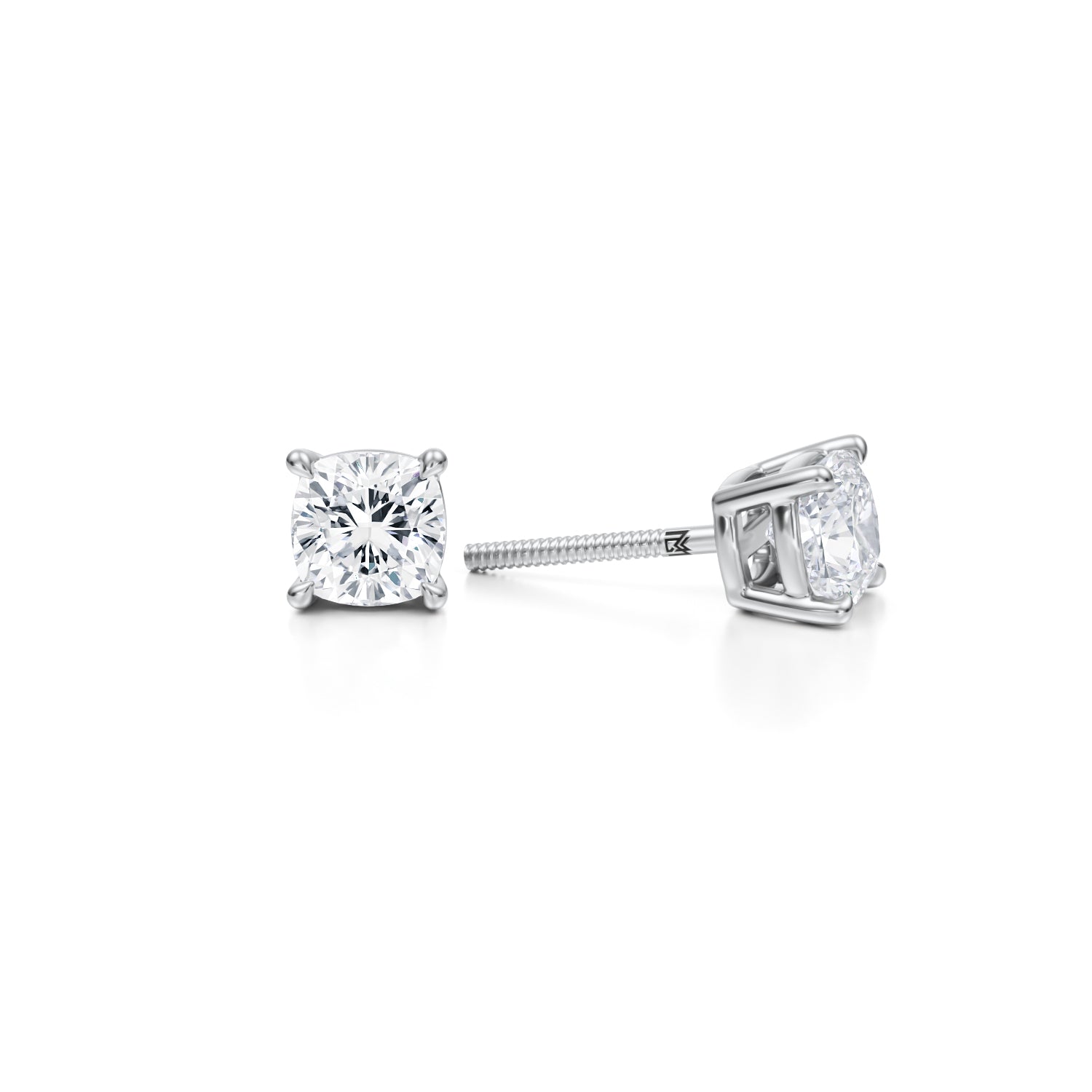 White gold lab diamond stud earrings, 1.5 carat cushion.