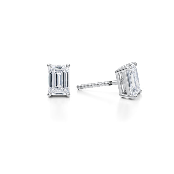 White gold earrings with 1.5 carat emerald lab grown diamonds.