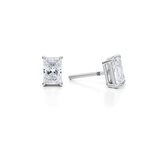 Radiant lab-grown diamond stud earrings in white gold, 1.5 carats.
