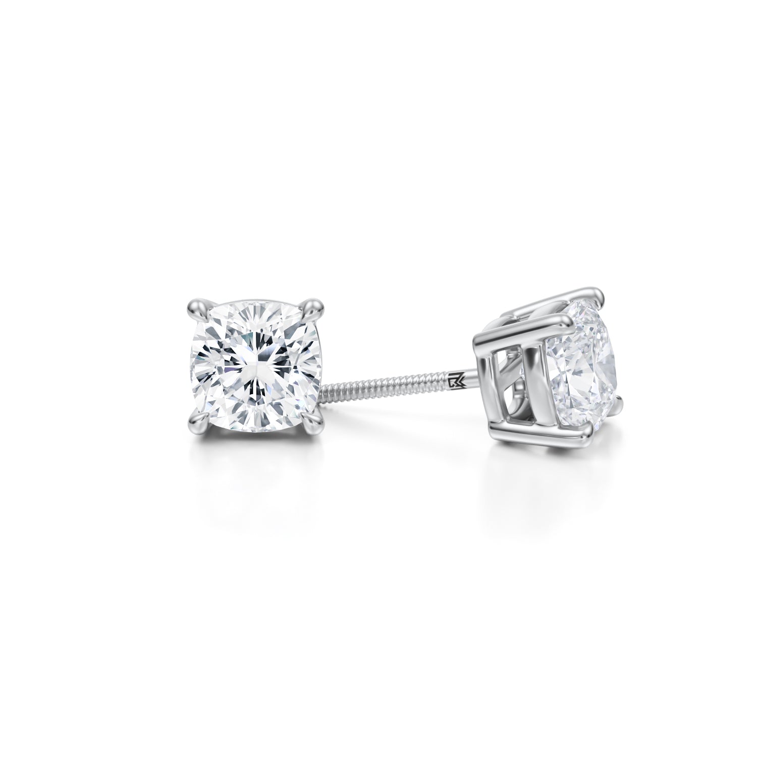 3ct cushion lab diamond stud earrings in white gold.