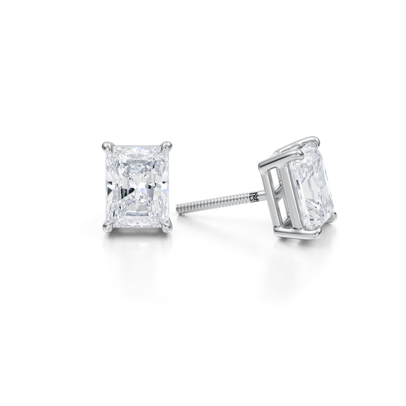 Radiant 3ct lab diamond stud earrings in white gold.