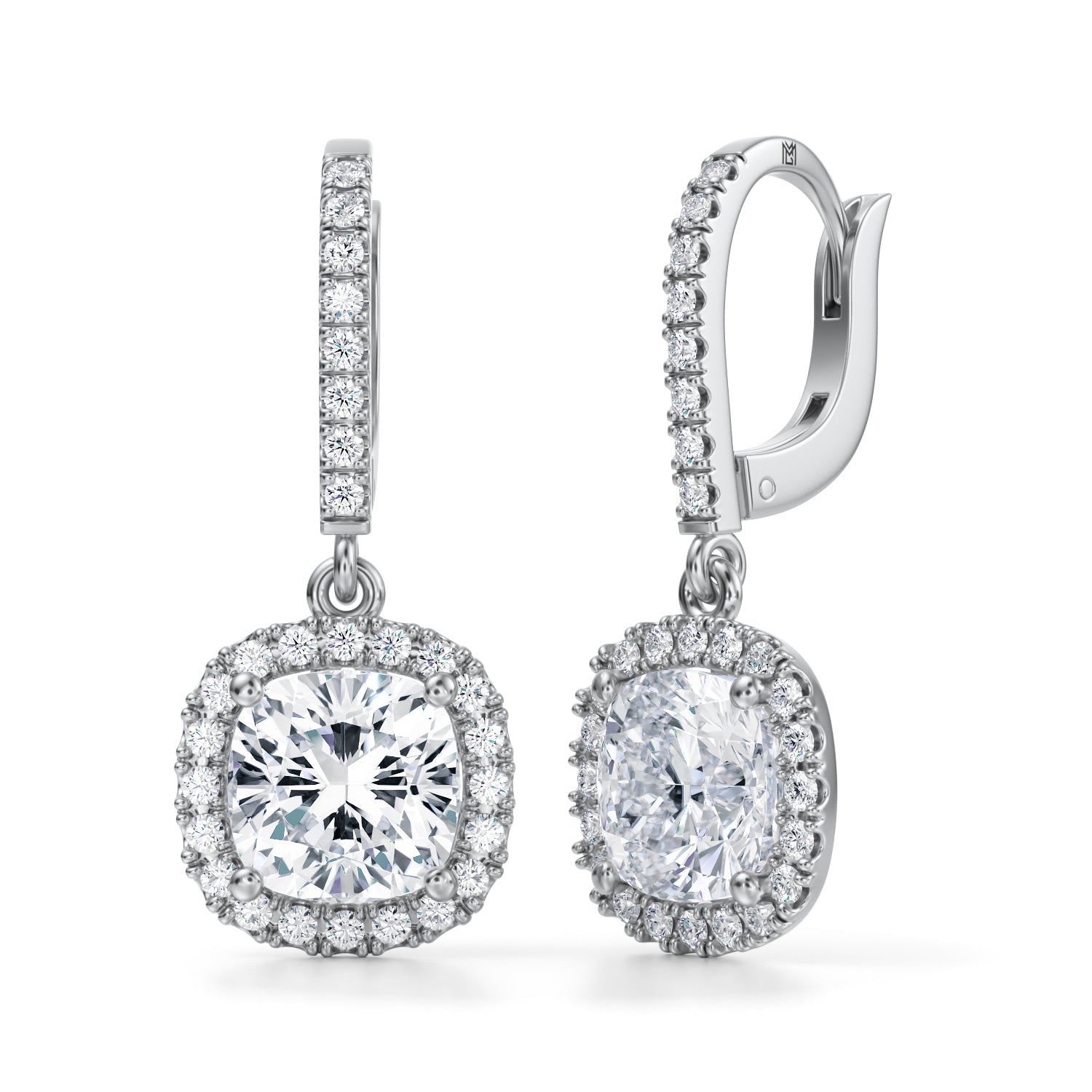 4 Carat Cushion Halo Drop Earrings