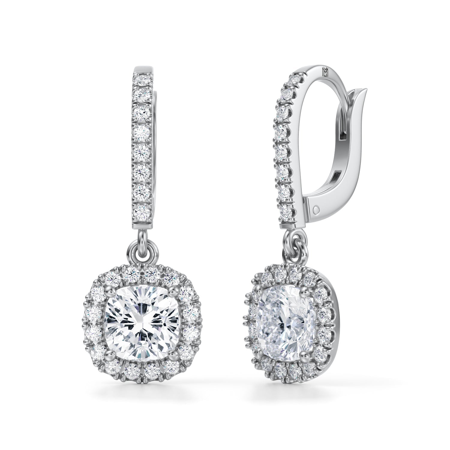 2 1/2 Carat  Cushion Halo Drop Earrings