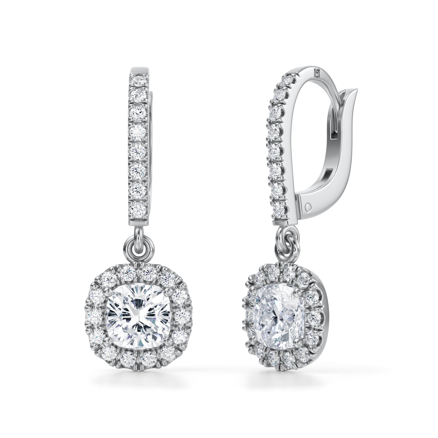 1 1/4 Carat Cushion Halo Drop Earrings