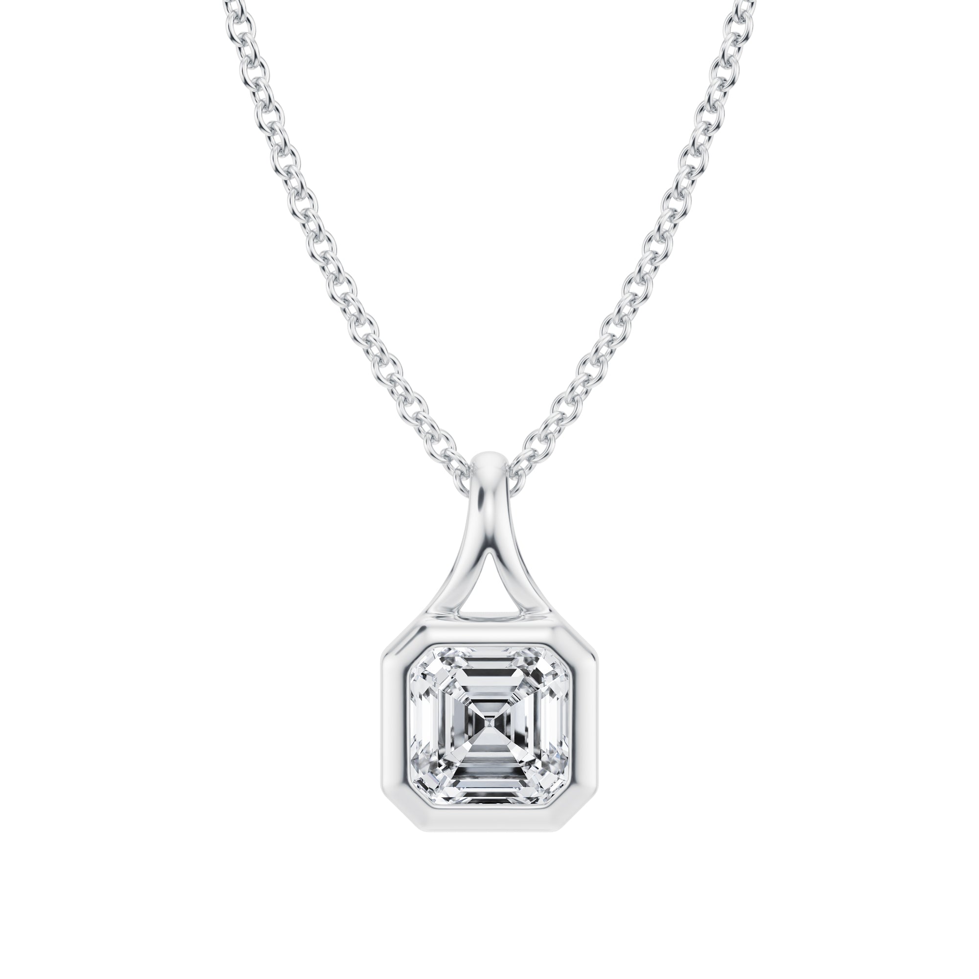 Gorgeous 3/4 Carat Asscher Lab Grown Diamond Split Bail Bezel Necklace in White Gold