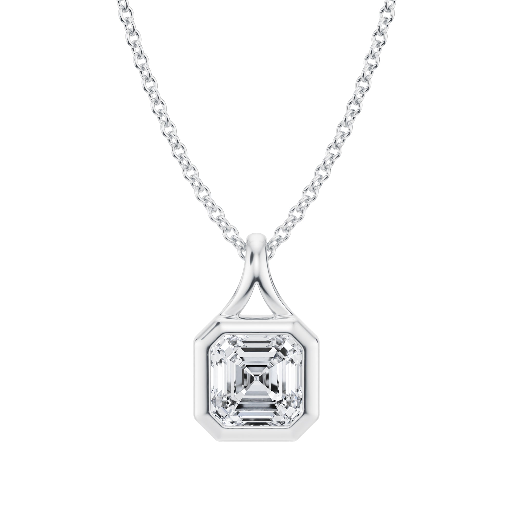 Polished 1 Carat Asscher Lab Grown Diamond Split Bail Bezel Necklace in White Gold