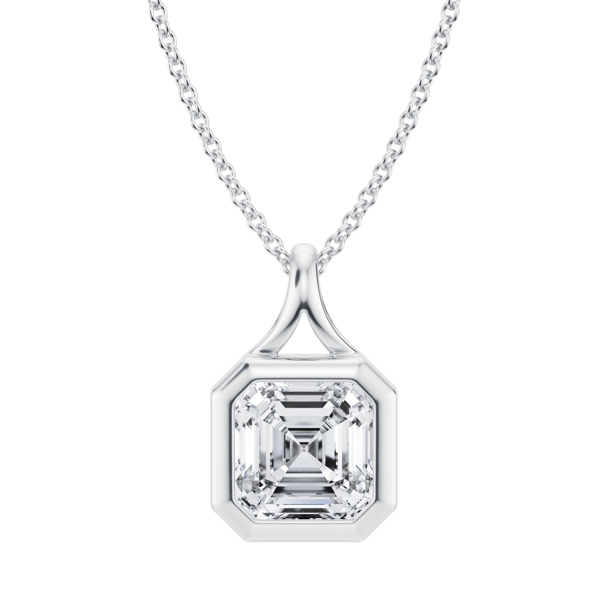 Delightful 2 Carat Asscher Lab Grown Diamond Split Bail Bezel Pendant in White Gold