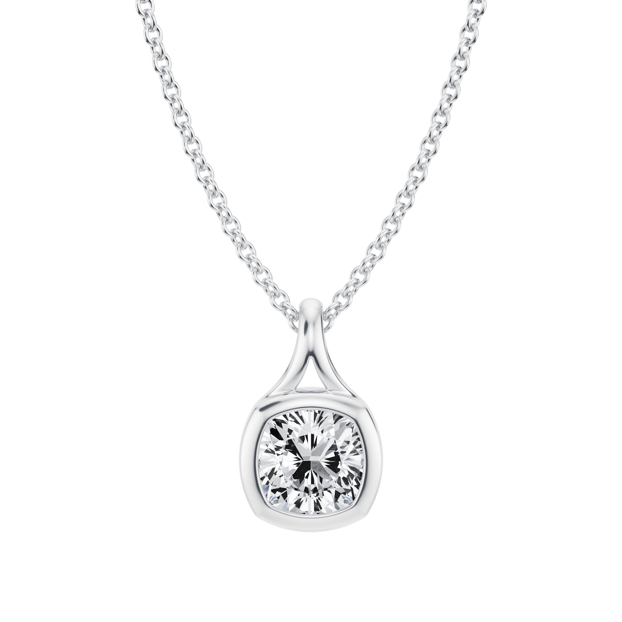 Brilliant 3/4 Carat Cushion Lab Grown Diamond Split Bail Bezel Pendant in White Gold