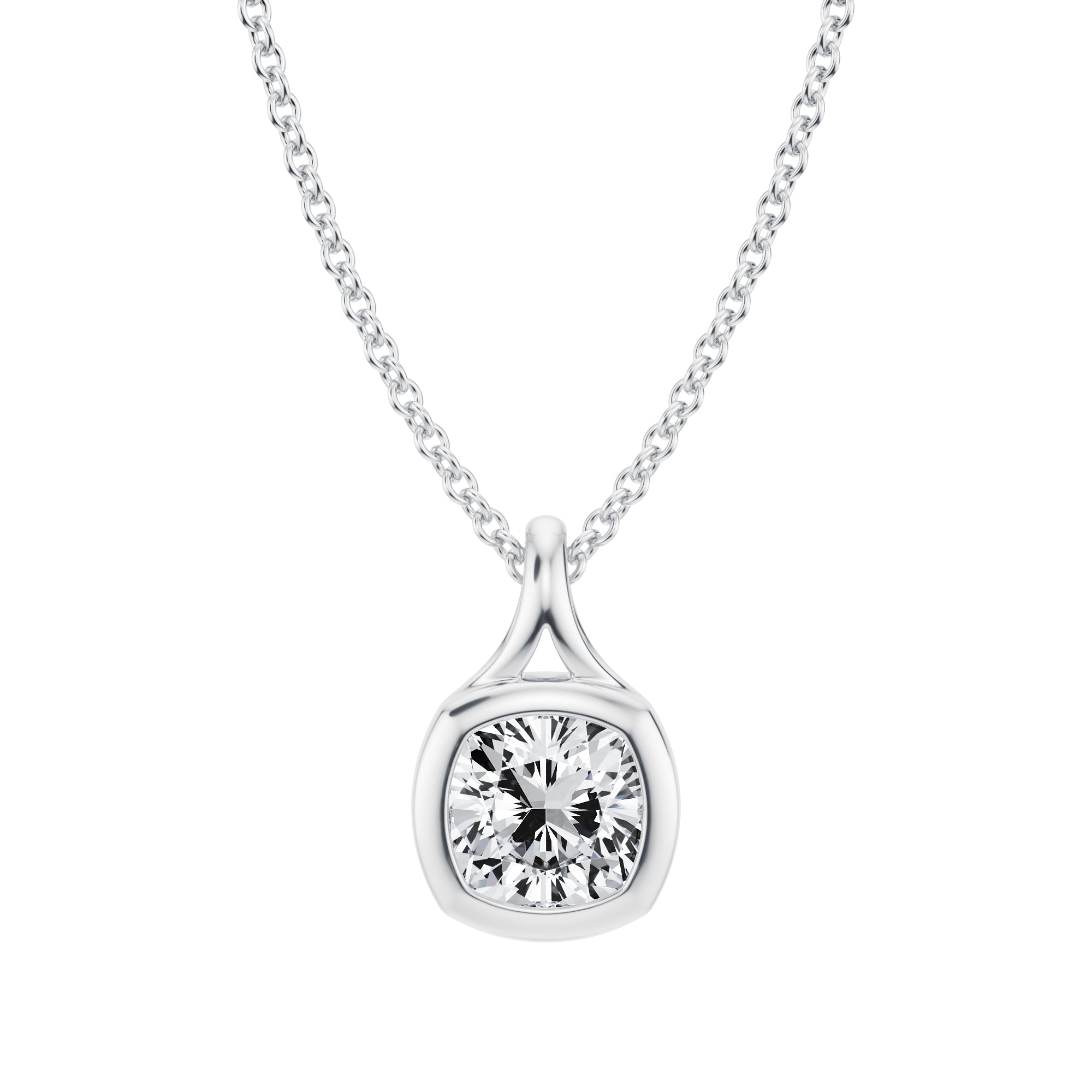 Exquisite 1 Carat Cushion Lab Grown Diamond Split Bail Bezel Necklace in White Gold