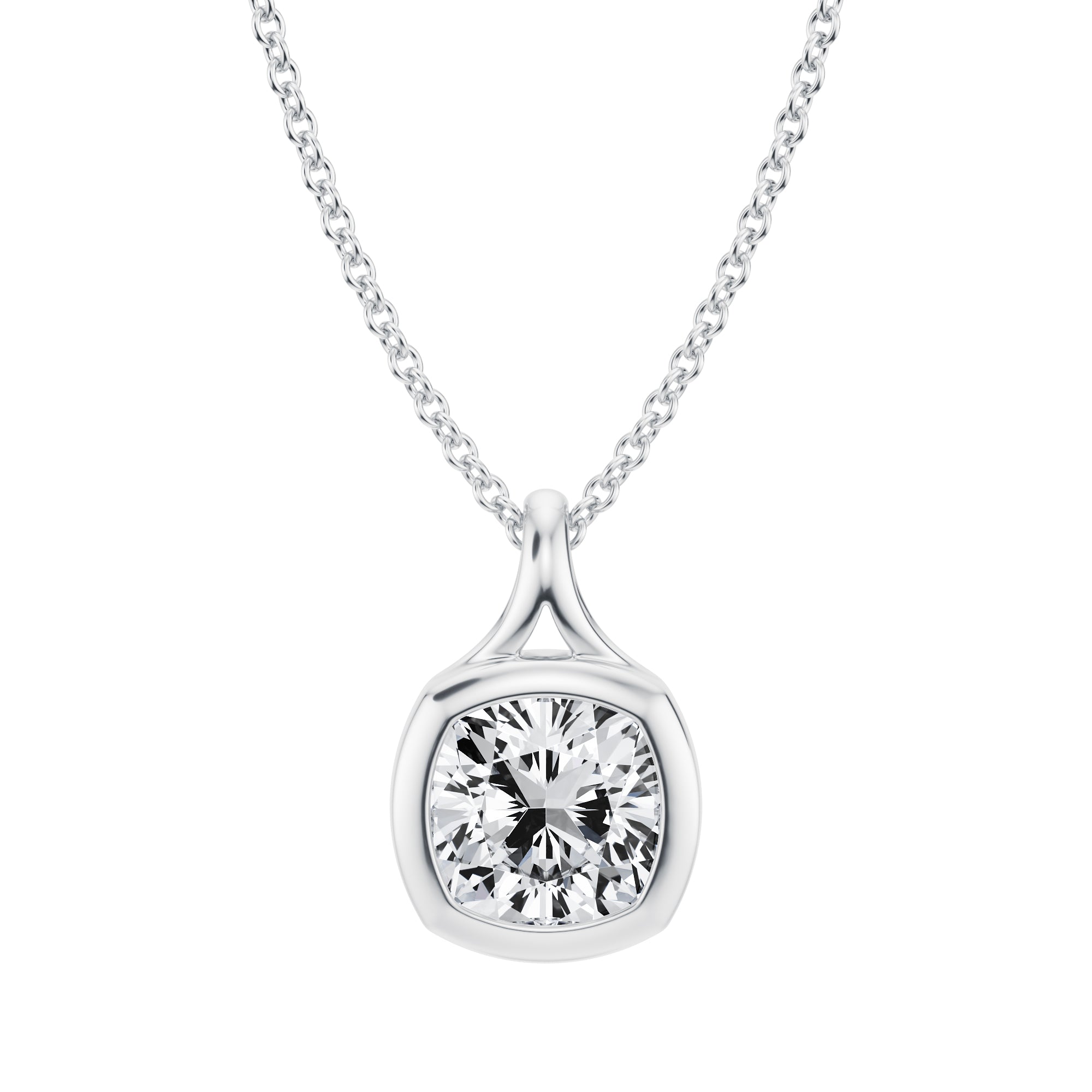 Refined 1.5 Carat Cushion Cut Lab Grown Diamond Split Bail Bezel Necklace in White Gold