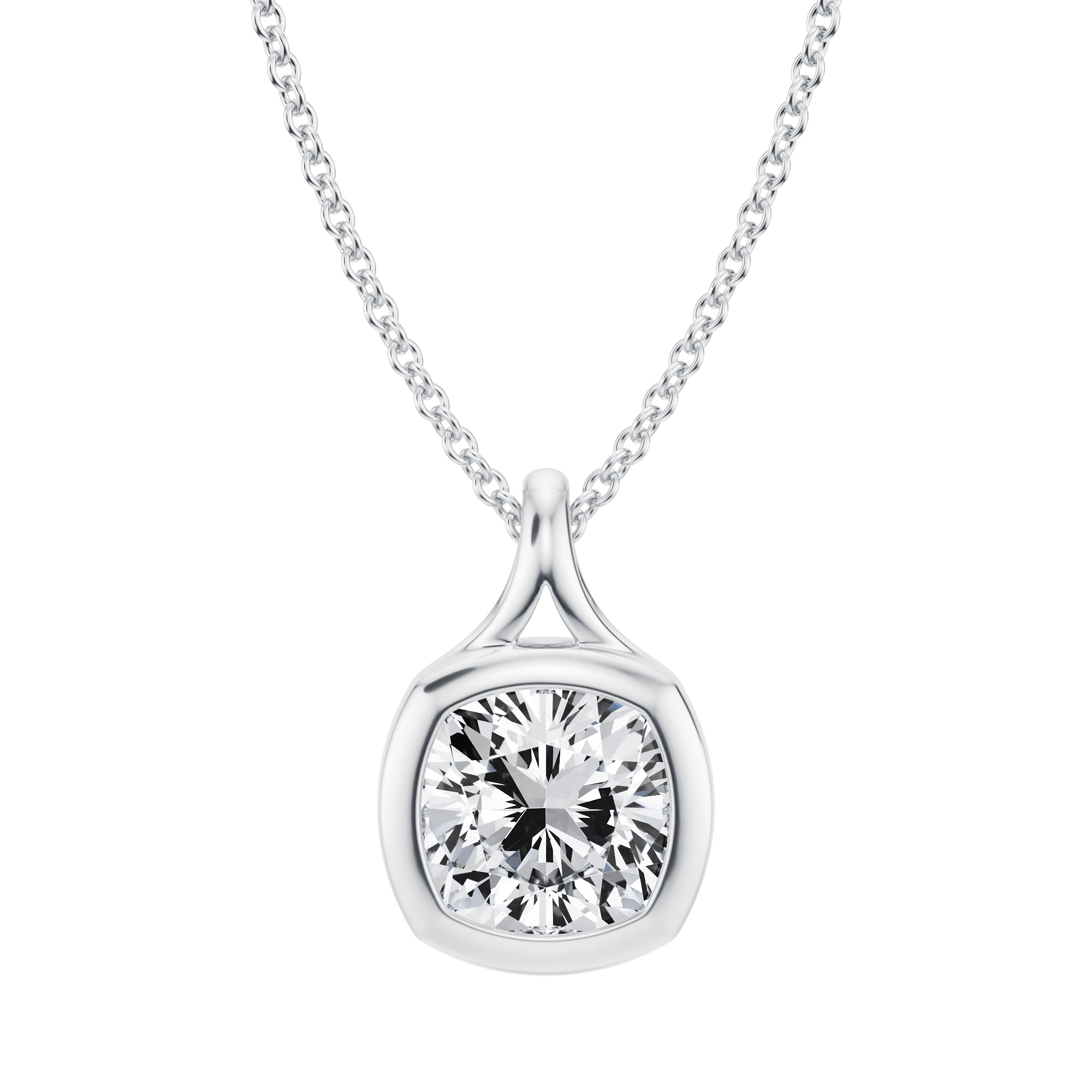 Refined 2 Carat Cushion Cut Lab Grown Diamond Split Bail Bezel Necklace in White Gold