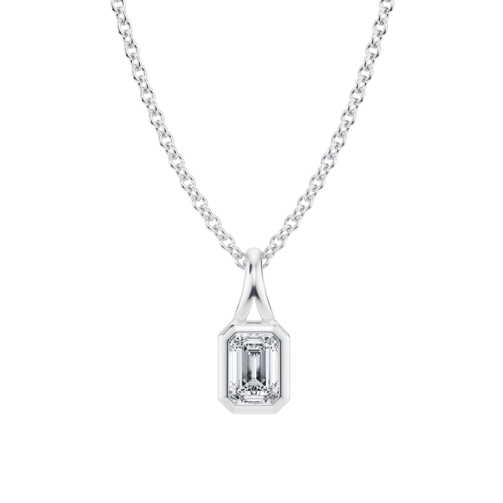 Beautiful 1/4 Carat Emerald Lab Grown Diamond Split Bail Bezel Necklace in White Gold