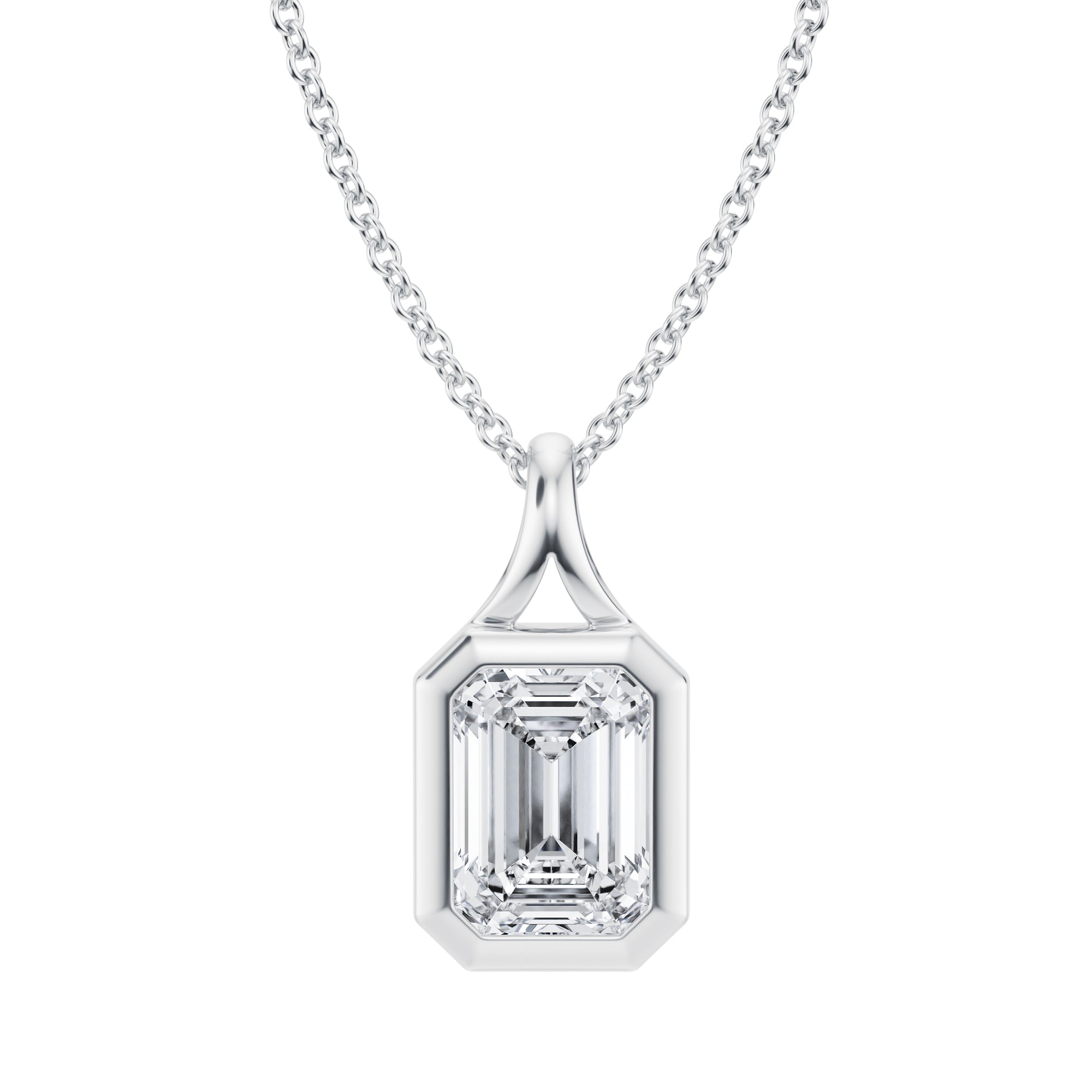 Gorgeous 1.5 Carat Emerald Lab Grown Diamond Split Bail Bezel Necklace in White Gold