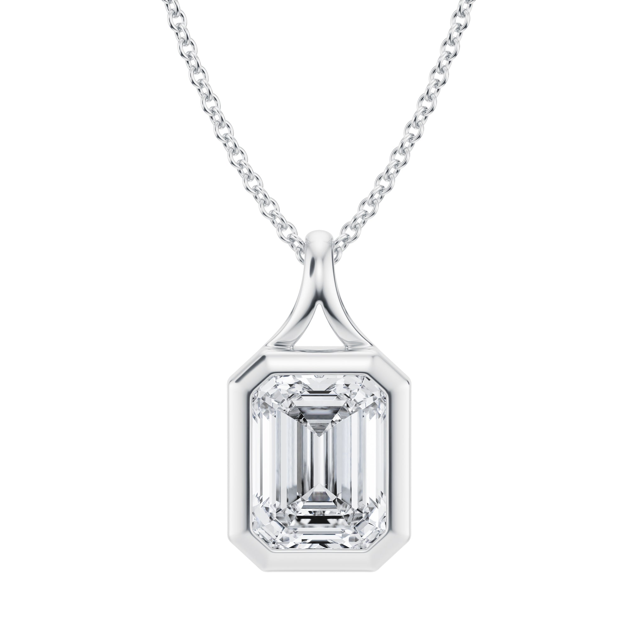 2 Carat Emerald-Shaped Lab Grown Diamond Split Bail Bezel Necklace in White Gold