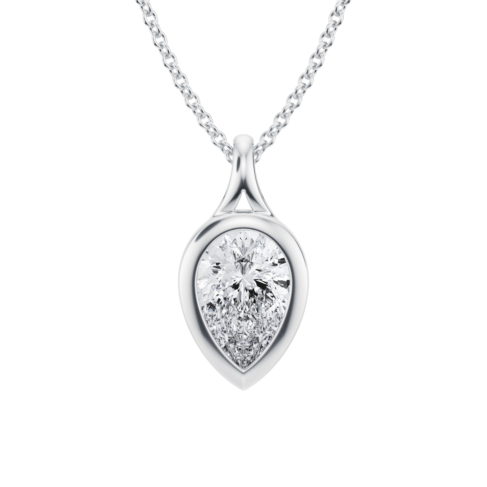 Polished 1.5 Carat Lab Grown Diamond Pear Split Bail Bezel Necklace in White Gold