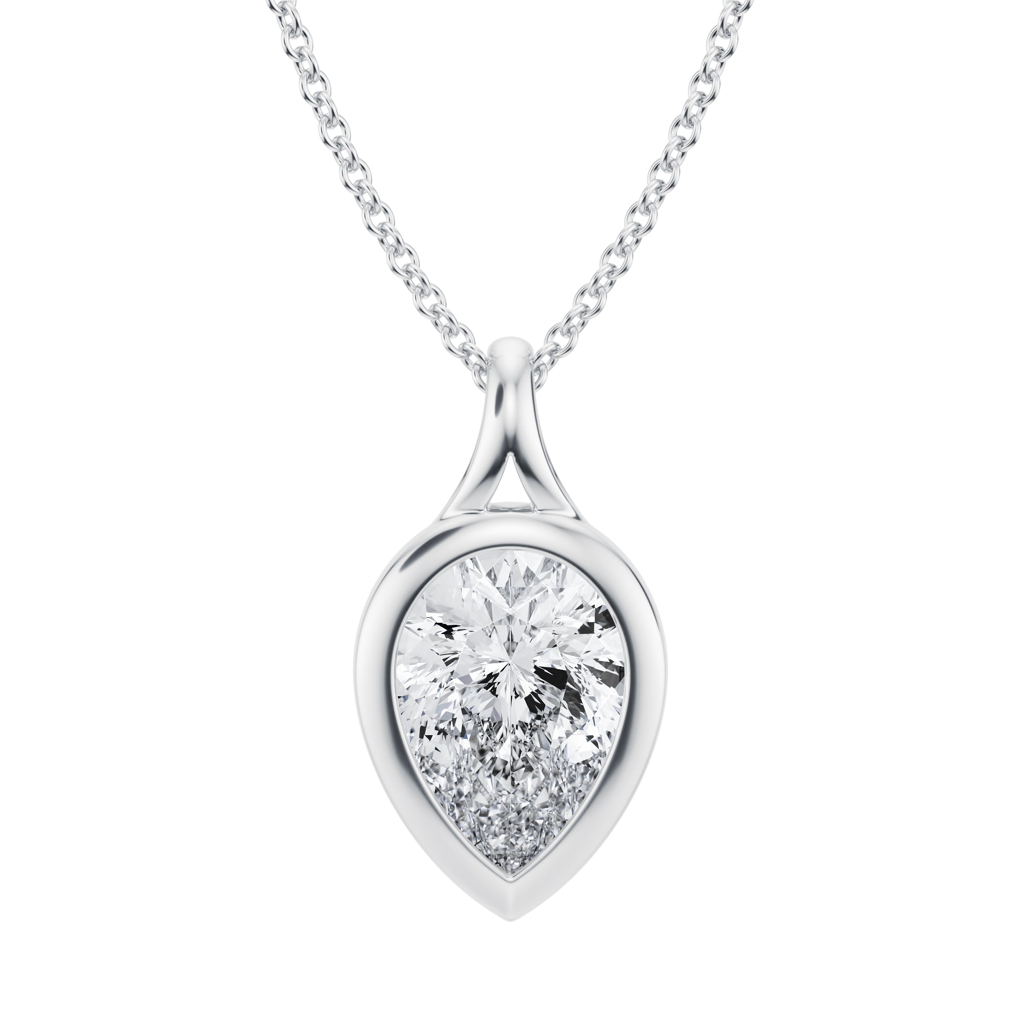 Stylish 2 Carat Lab Grown Diamond Pear Split Bail Bezel Necklace in White Gold