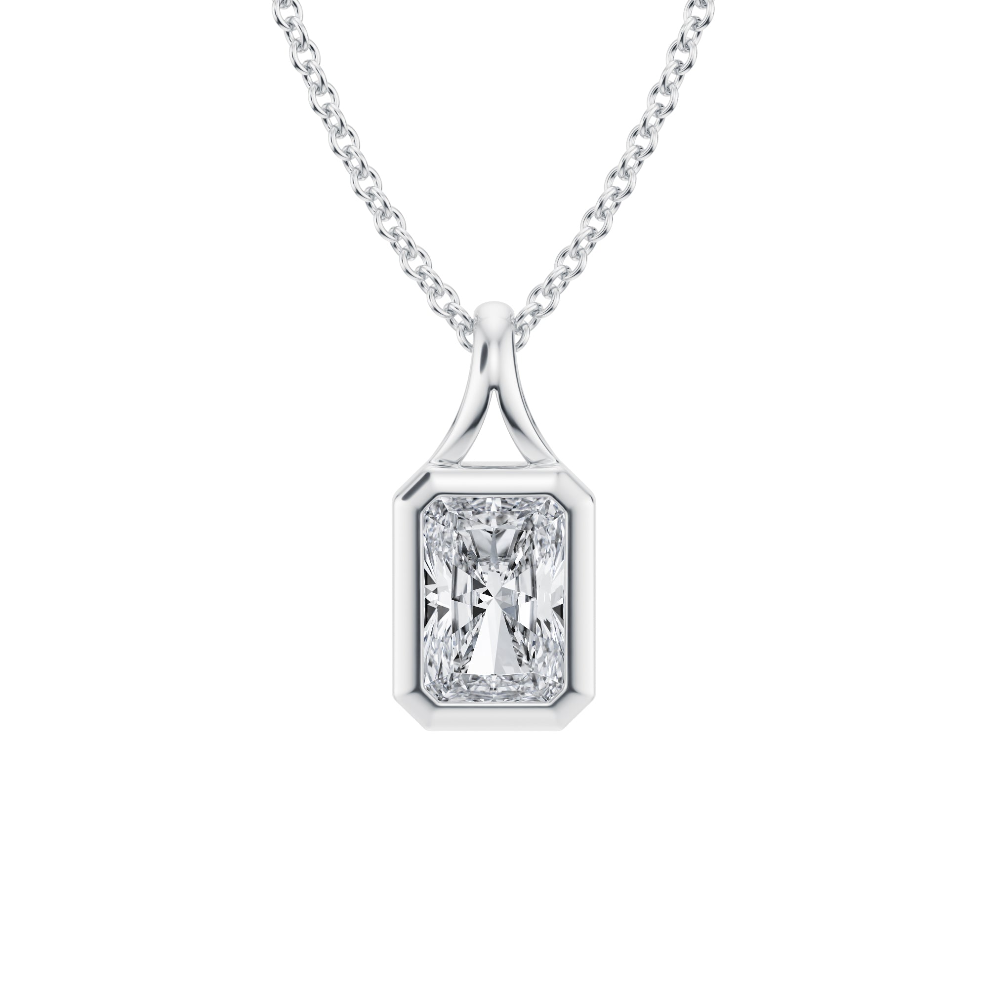 Charming 3/4 Carat Radiant Lab Grown Diamond Split Bail Bezel Necklace in White Gold