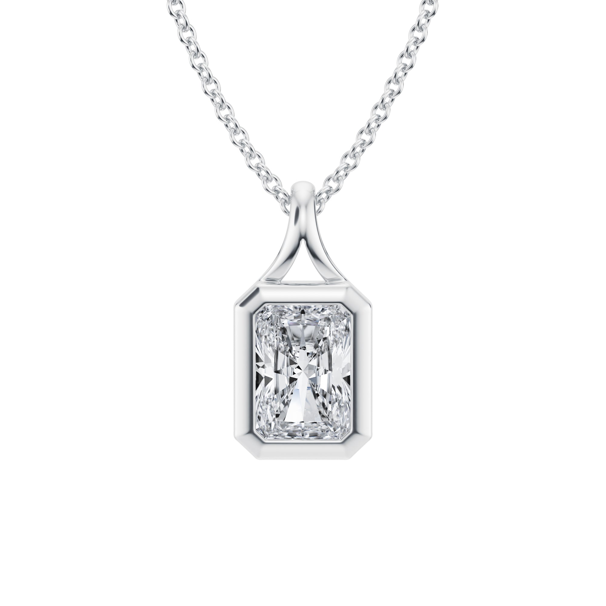 Stylish 1 Carat Radiant Lab Grown Diamond Split Bail Bezel Necklace in White Gold