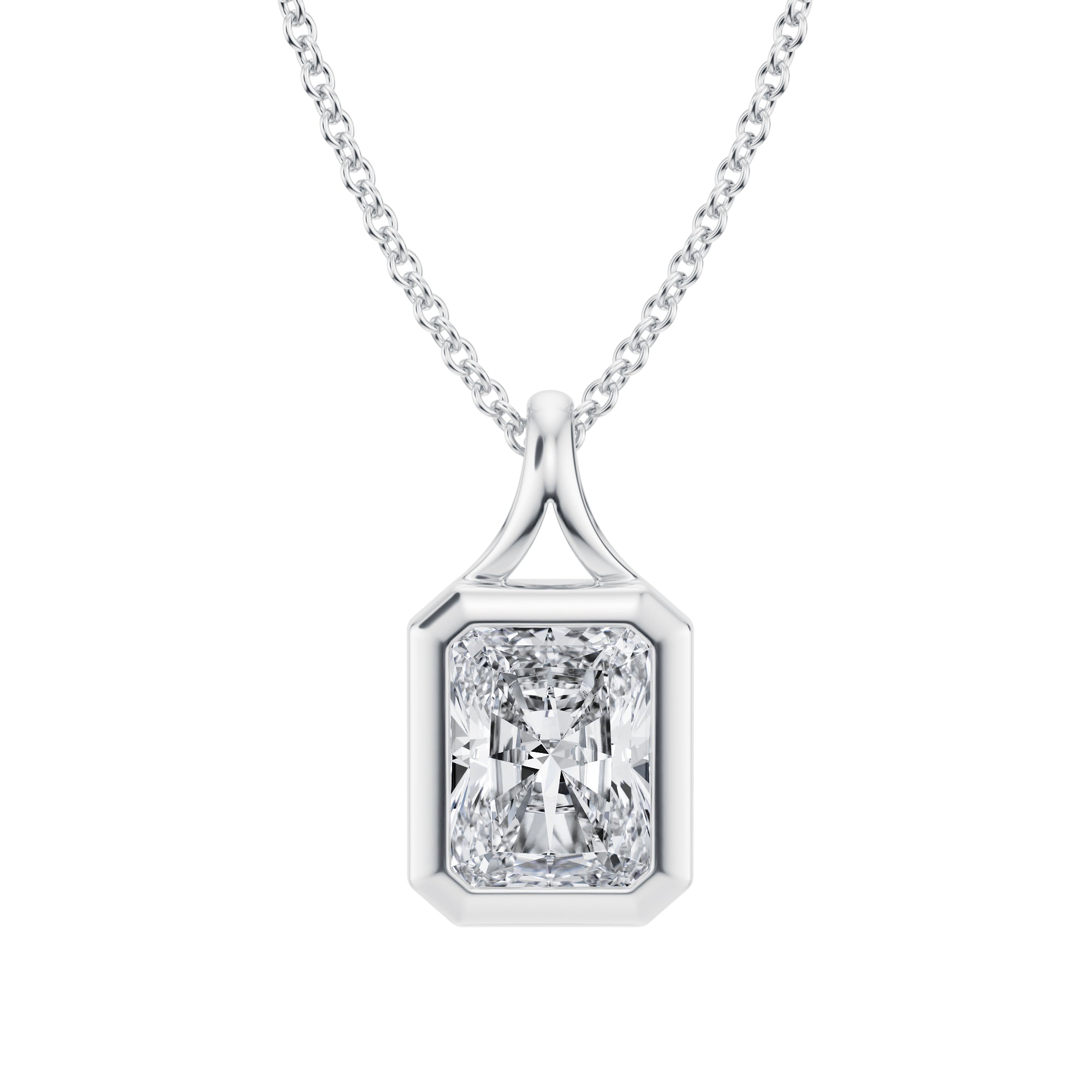 Stunning 1.5 Carat Radiant Lab Grown Diamond Split Bail Bezel Necklace in White Gold