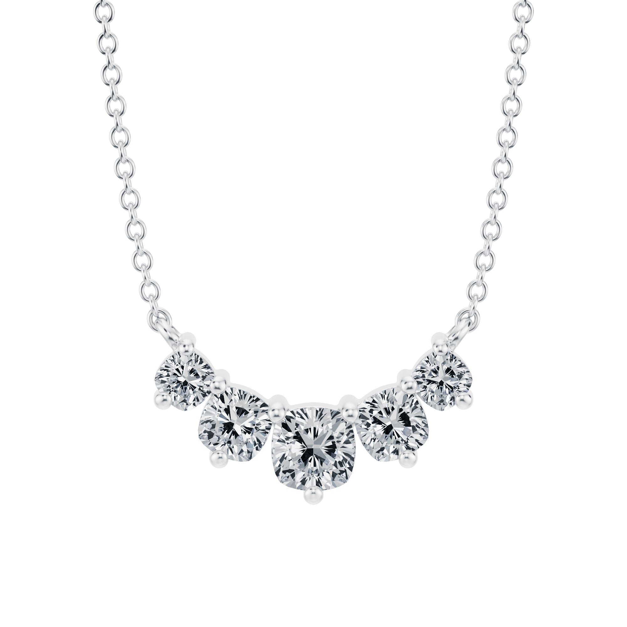 Luxurious 1 TCW graduated necklace with 
lab grown cushion diamonds in white gold.