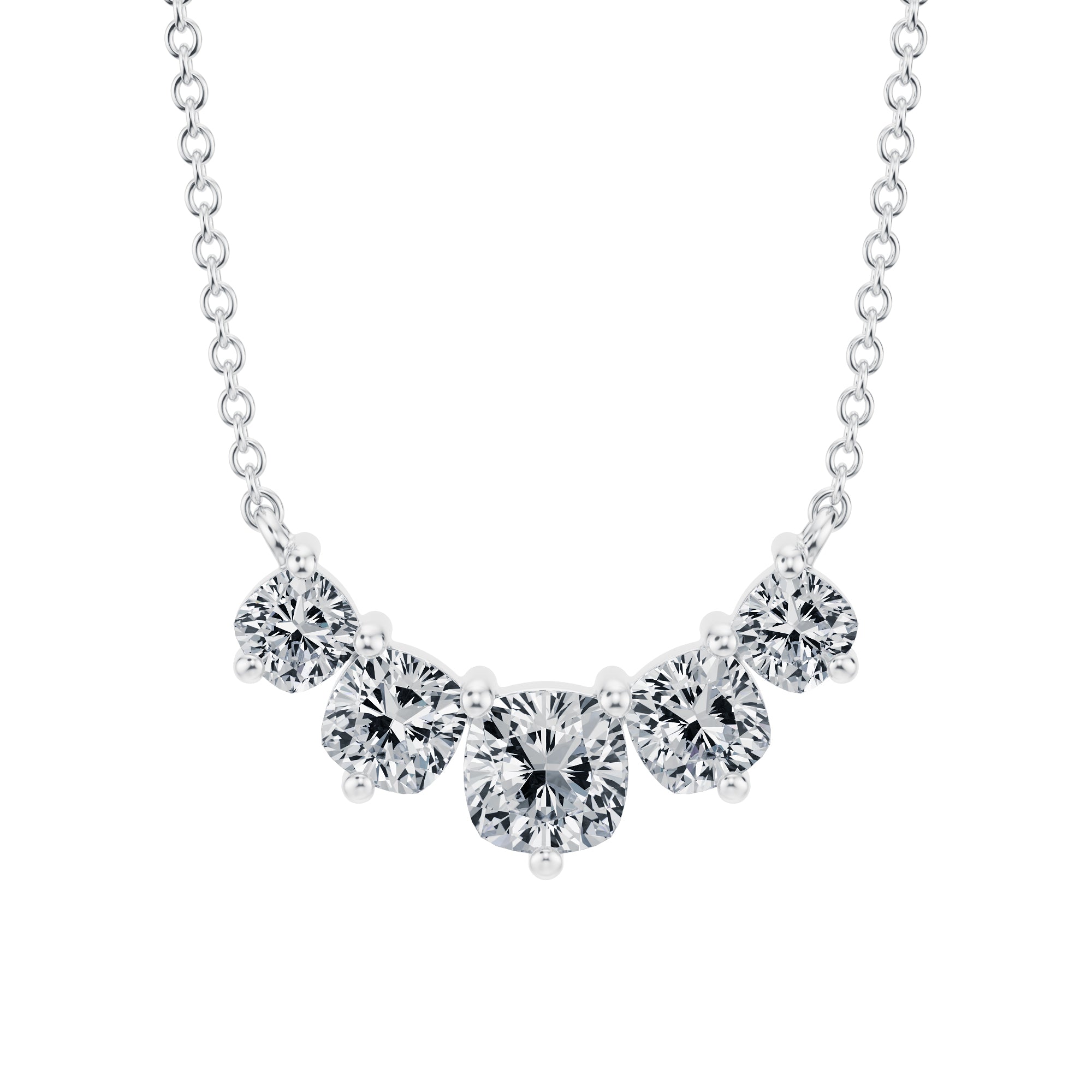 Stunning 1.5 TCW cushion lab grown diamond 
necklace, graduated design in white gold.