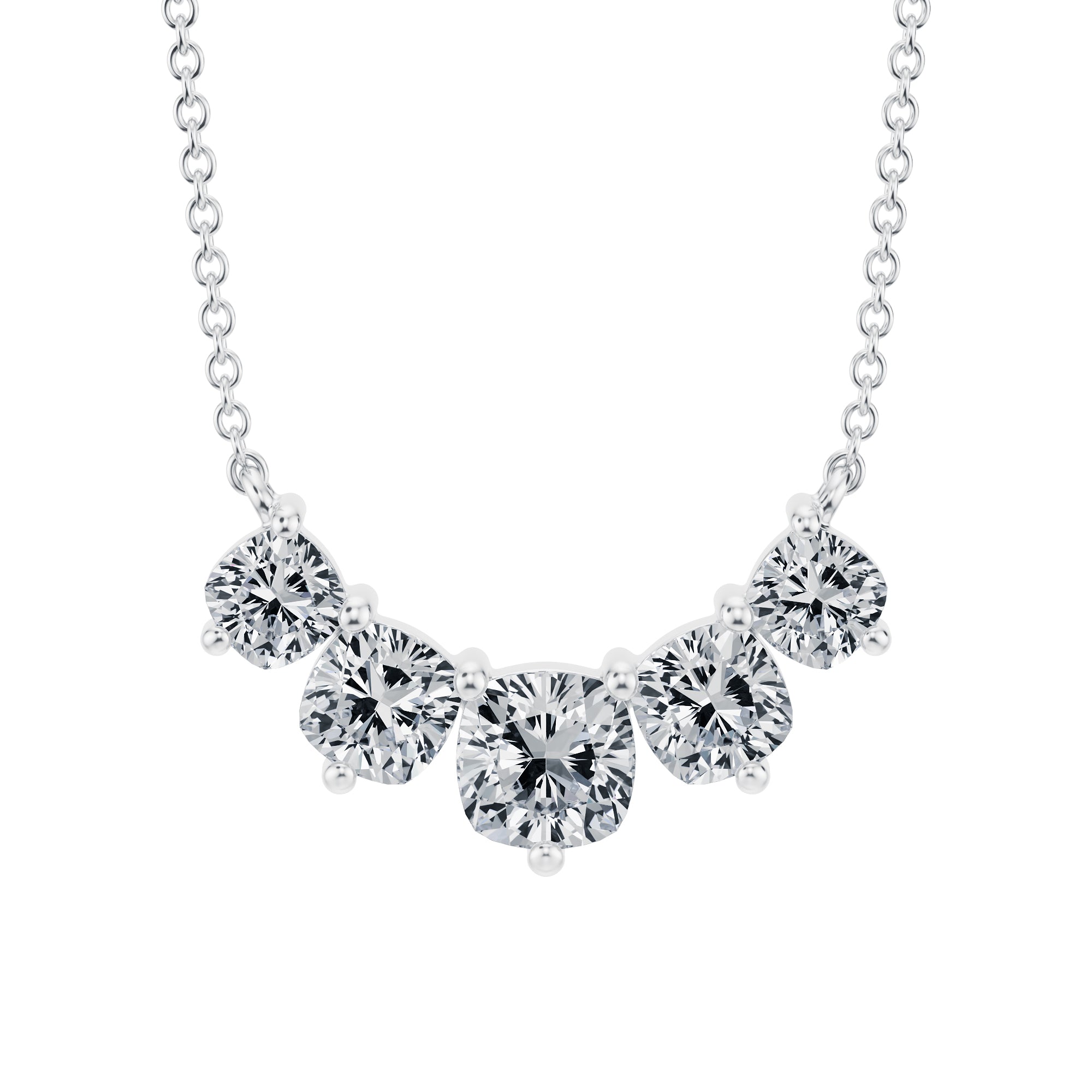 Indulge in a 2 TCW graduated cushion 
lab grown diamond necklace in white gold.