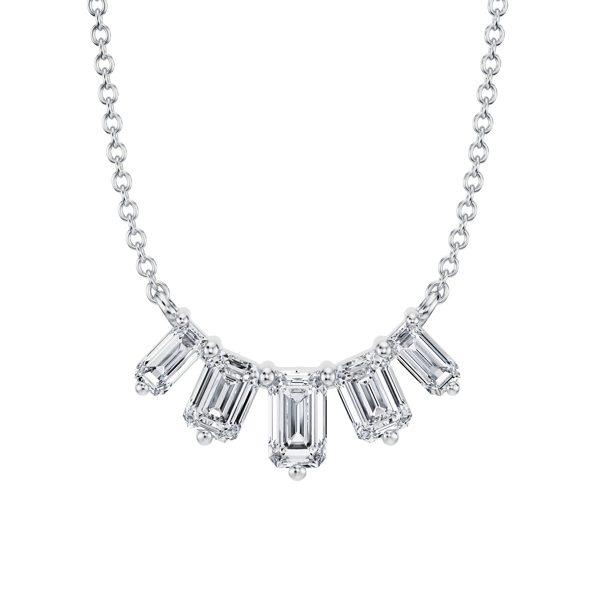 Classic 1 TCW lab grown emerald cut 
diamond necklace in white gold, graduated style.