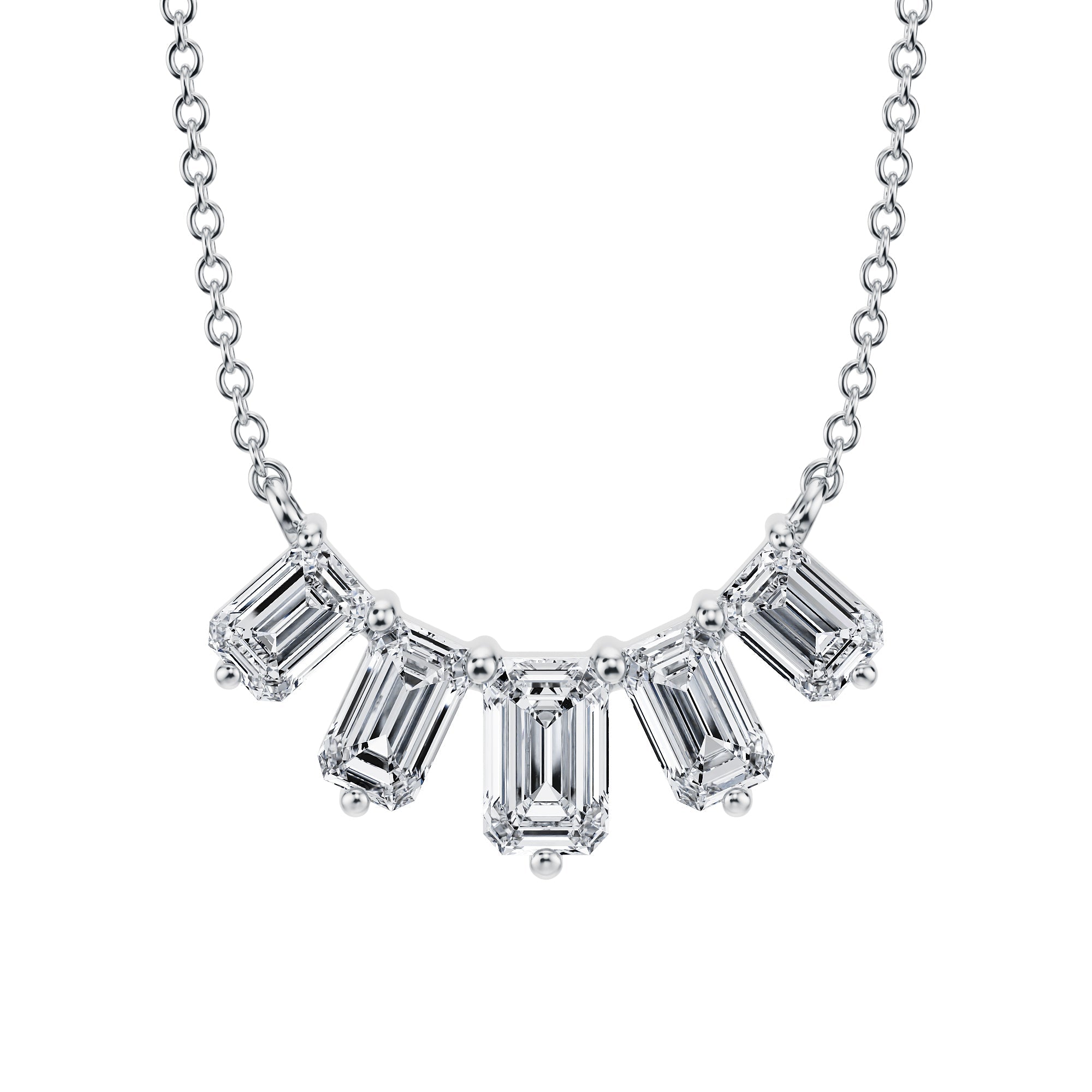 Luxurious 1.5 TCW lab grown emerald cut diamond 
necklace in white gold, graduated design.