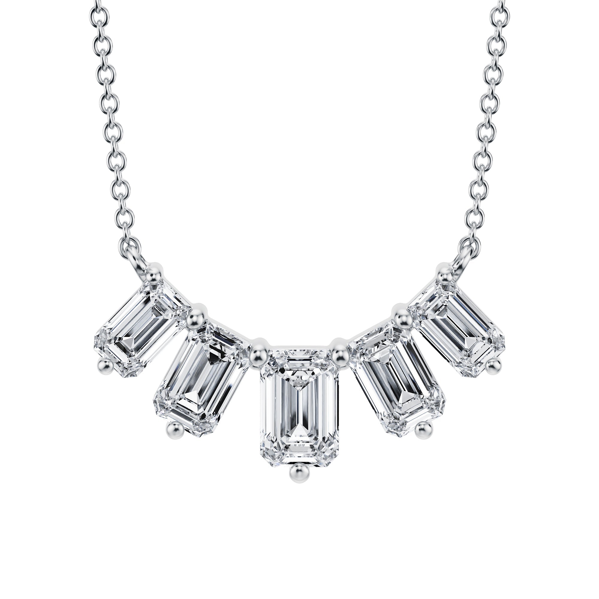 Dazzling 2 TCW graduated lab grown 
emerald cut diamond necklace in white gold.