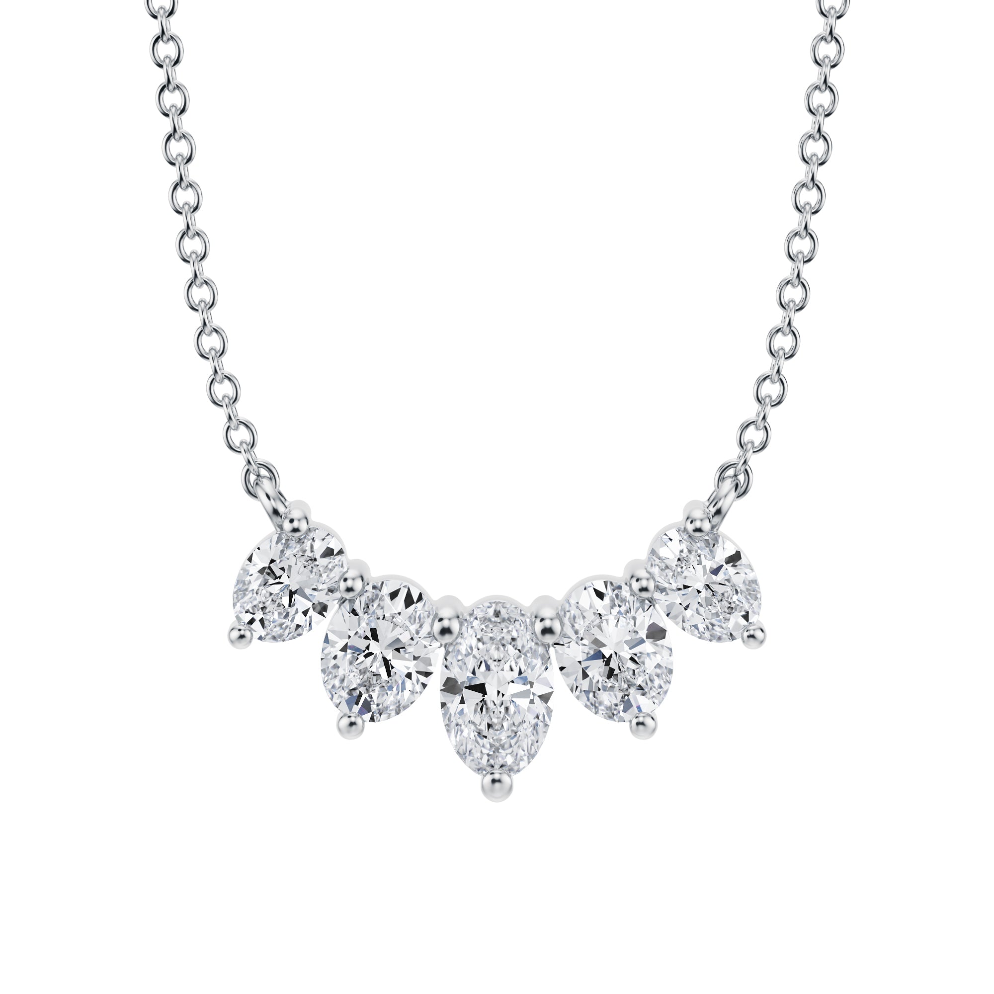 Elegant 1 TCW graduated lab grown oval 
cut diamond necklace in white gold.