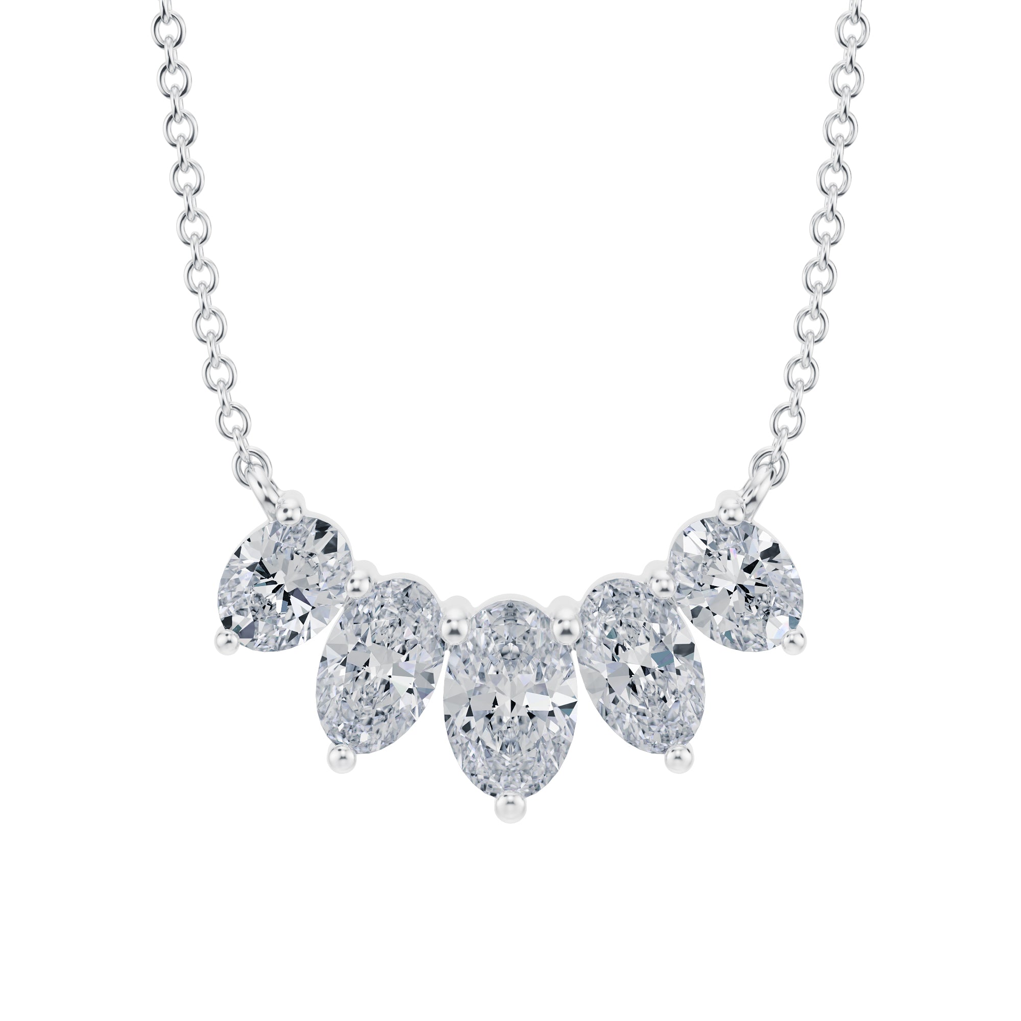 Dazzling 1.5 TCW graduated lab grown oval 
cut diamond necklace in white gold.